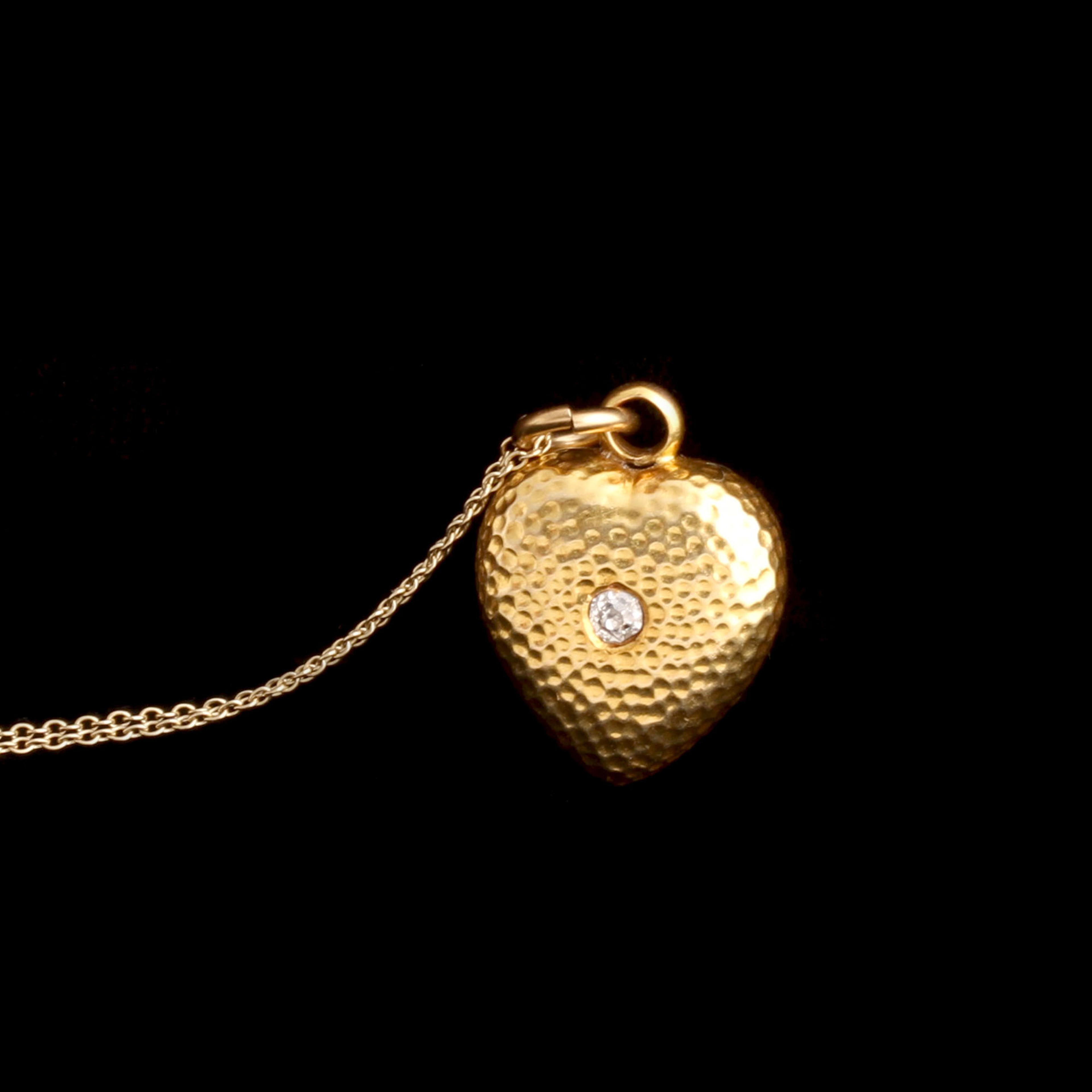 Victorian Hammered Gold & Diamond Heart Necklace