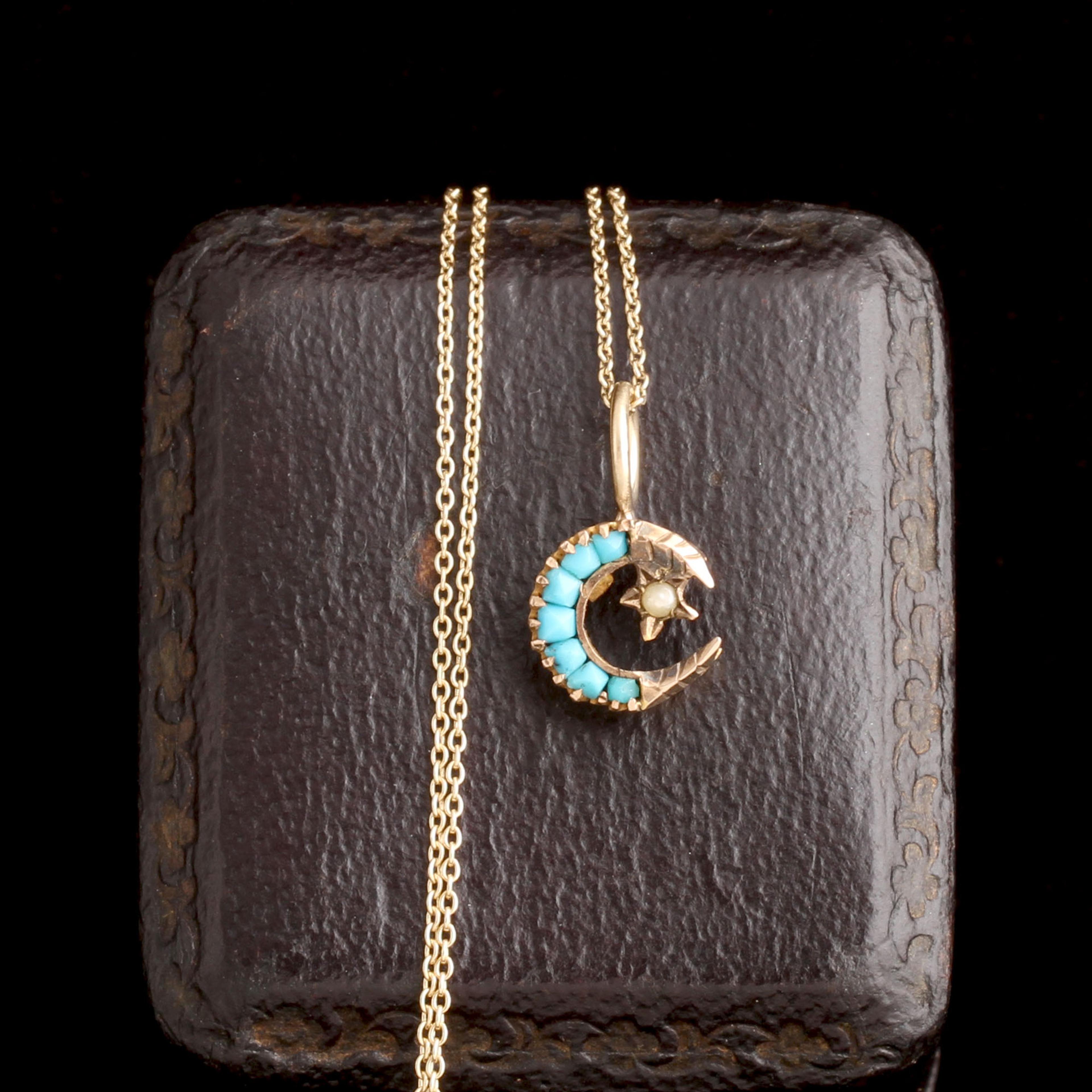 Victorian Turquoise & Pearl Crescent & Star Necklace