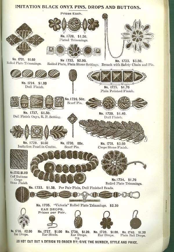 Mail-order catalog page with a selection of black mourning jewelry and their prices. 