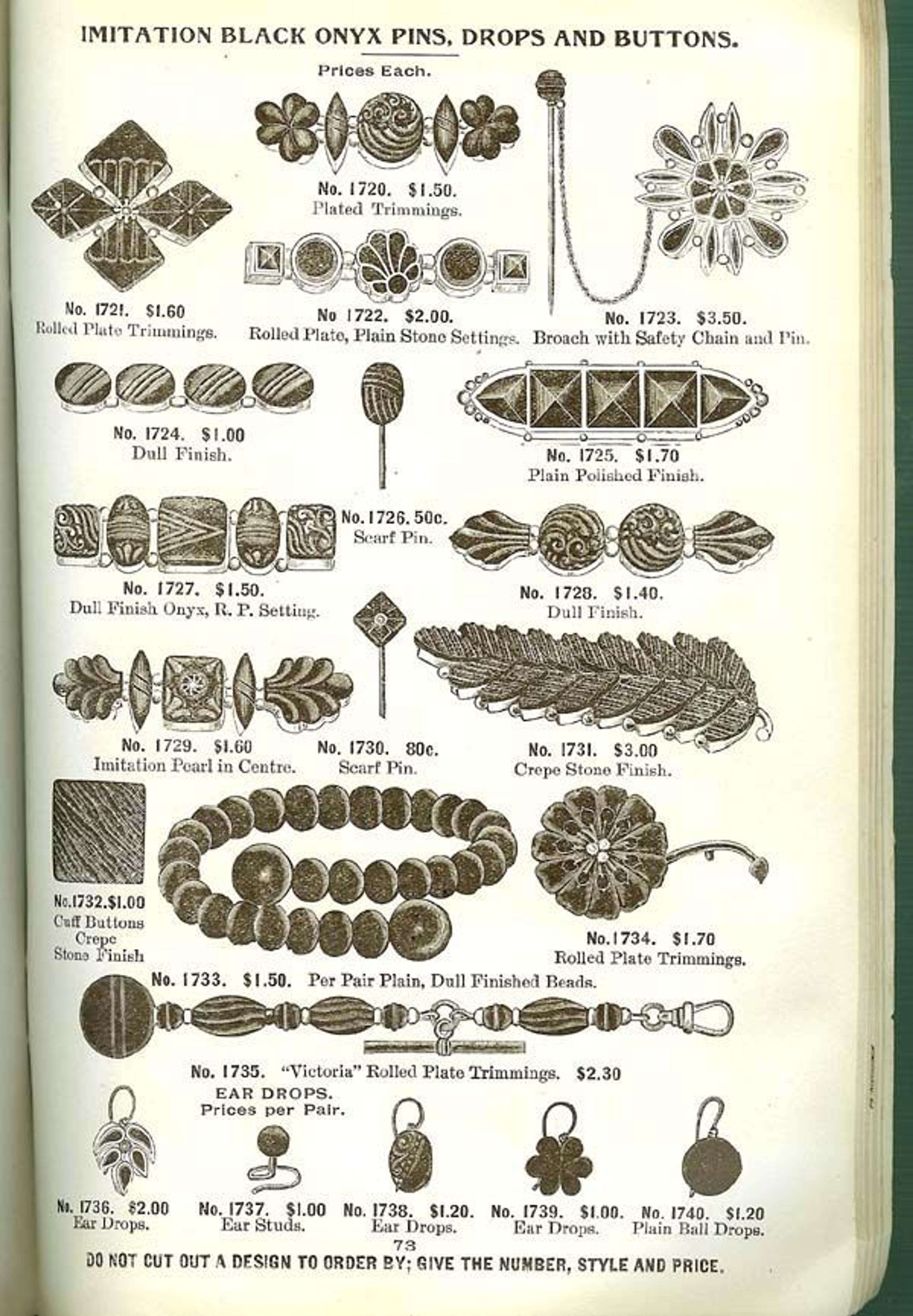 Mail-order catalog page with a selection of black mourning jewelry and their prices.