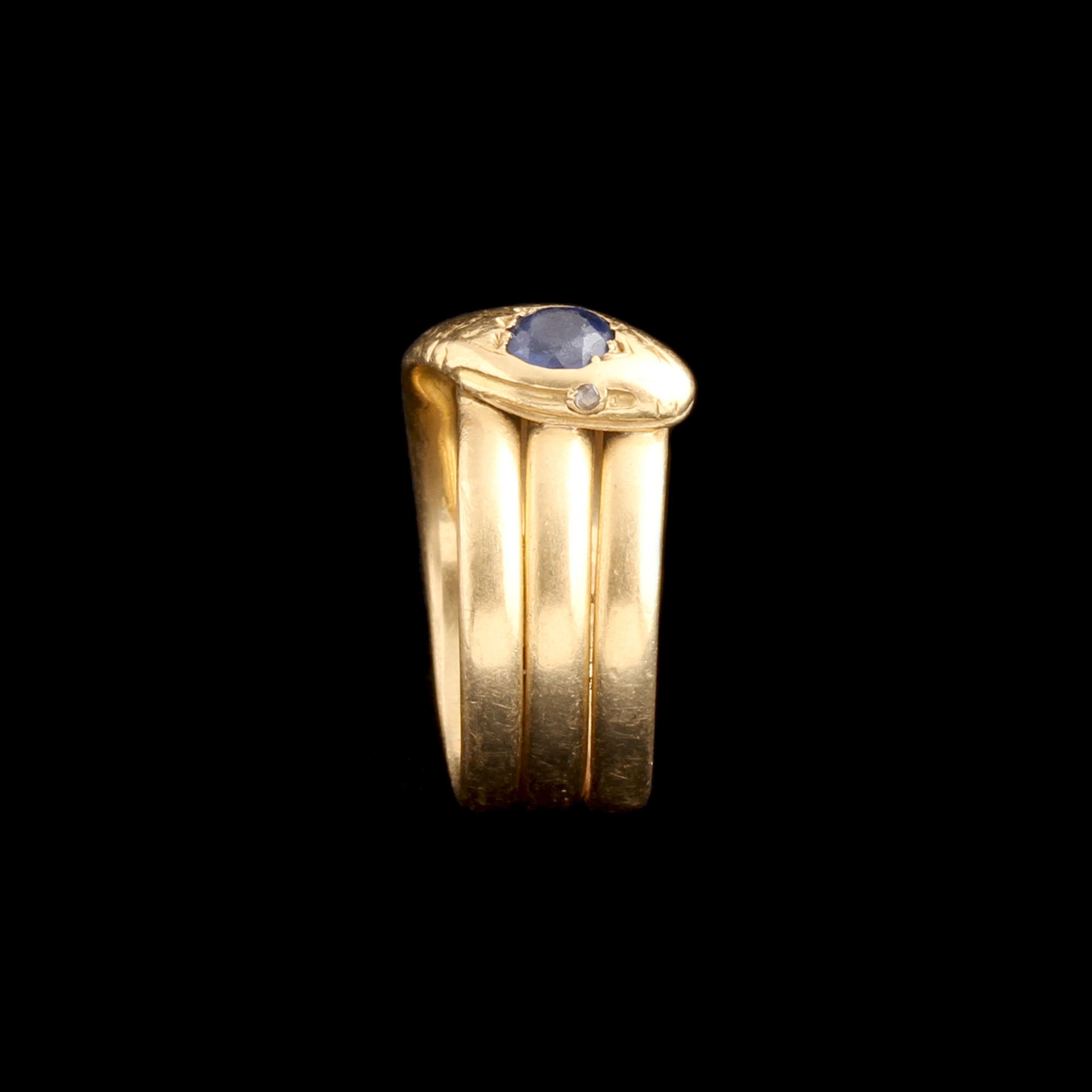 Late 19th Century French Diamond-Eyed Sapphire Snake Ring