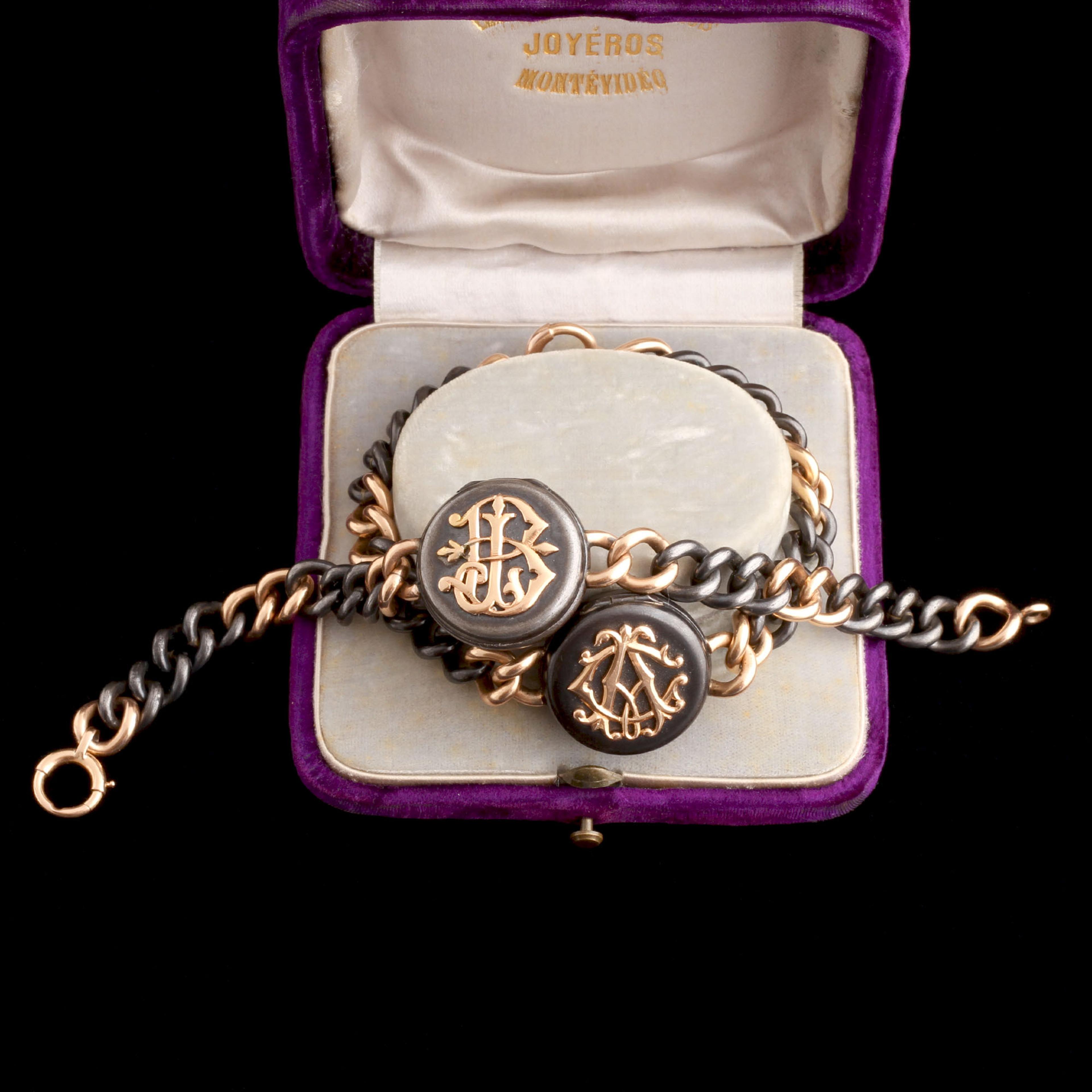Early 20th Century French Gunmetal & Gold Monogram Locket Bracelets