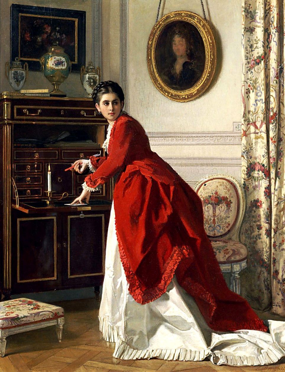 Woman melting red wax over a candle to seal a letter. The Letter, 1870. Charles Baugniet. 
