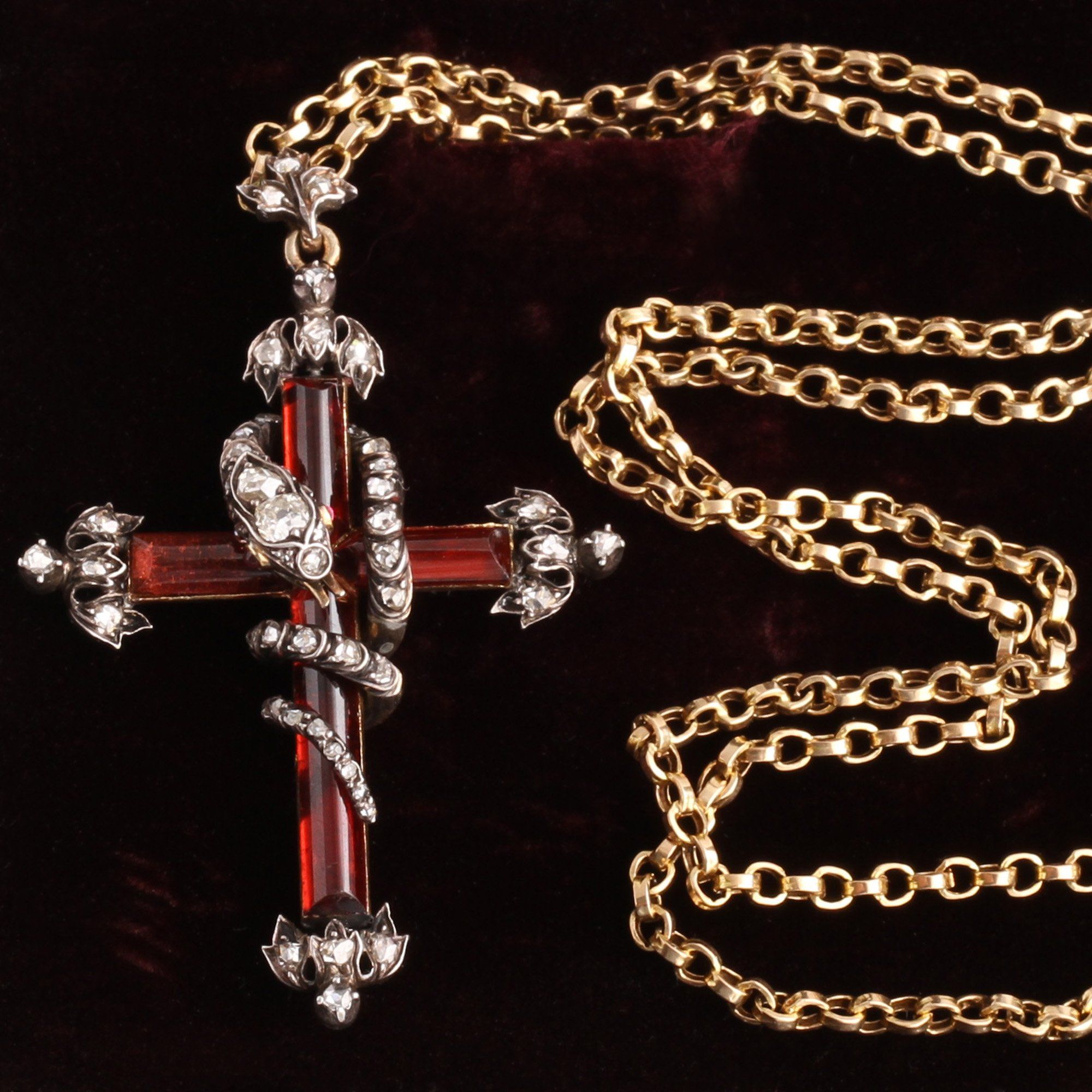 Early Victorian Garnet and Diamond Fleury Cross with Diamond Studded Snake