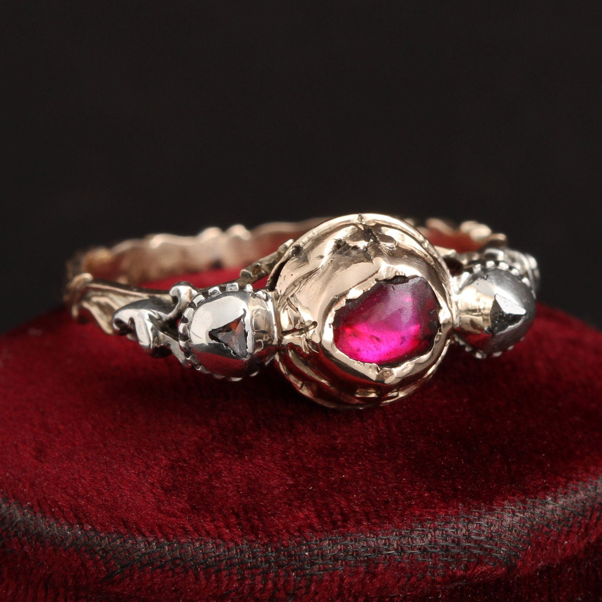 18th Century Ruby Cabochon and Macle Diamond Ring