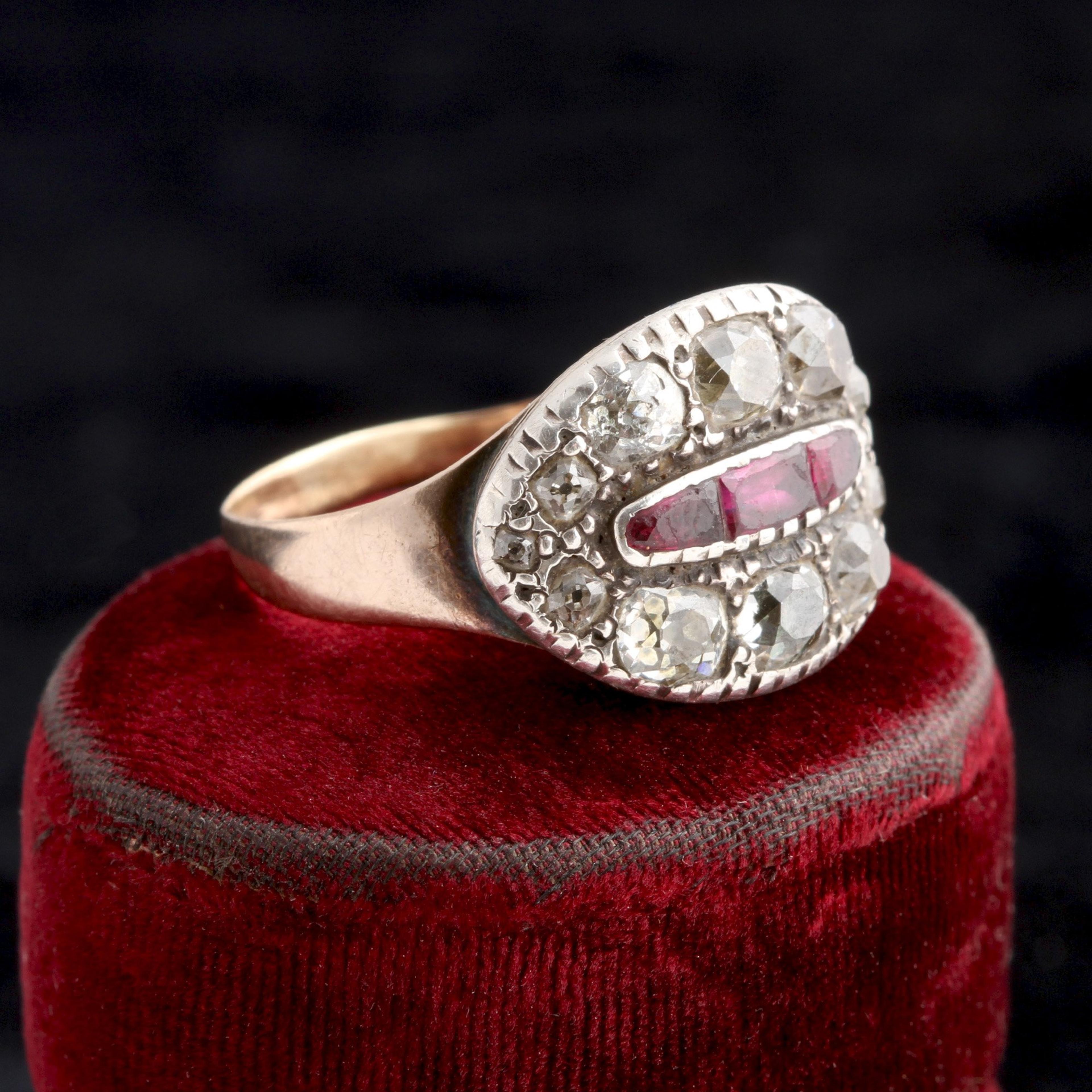 Side Detail of Georgian Old Mine Cut Diamond & Ruby Cluster Ring