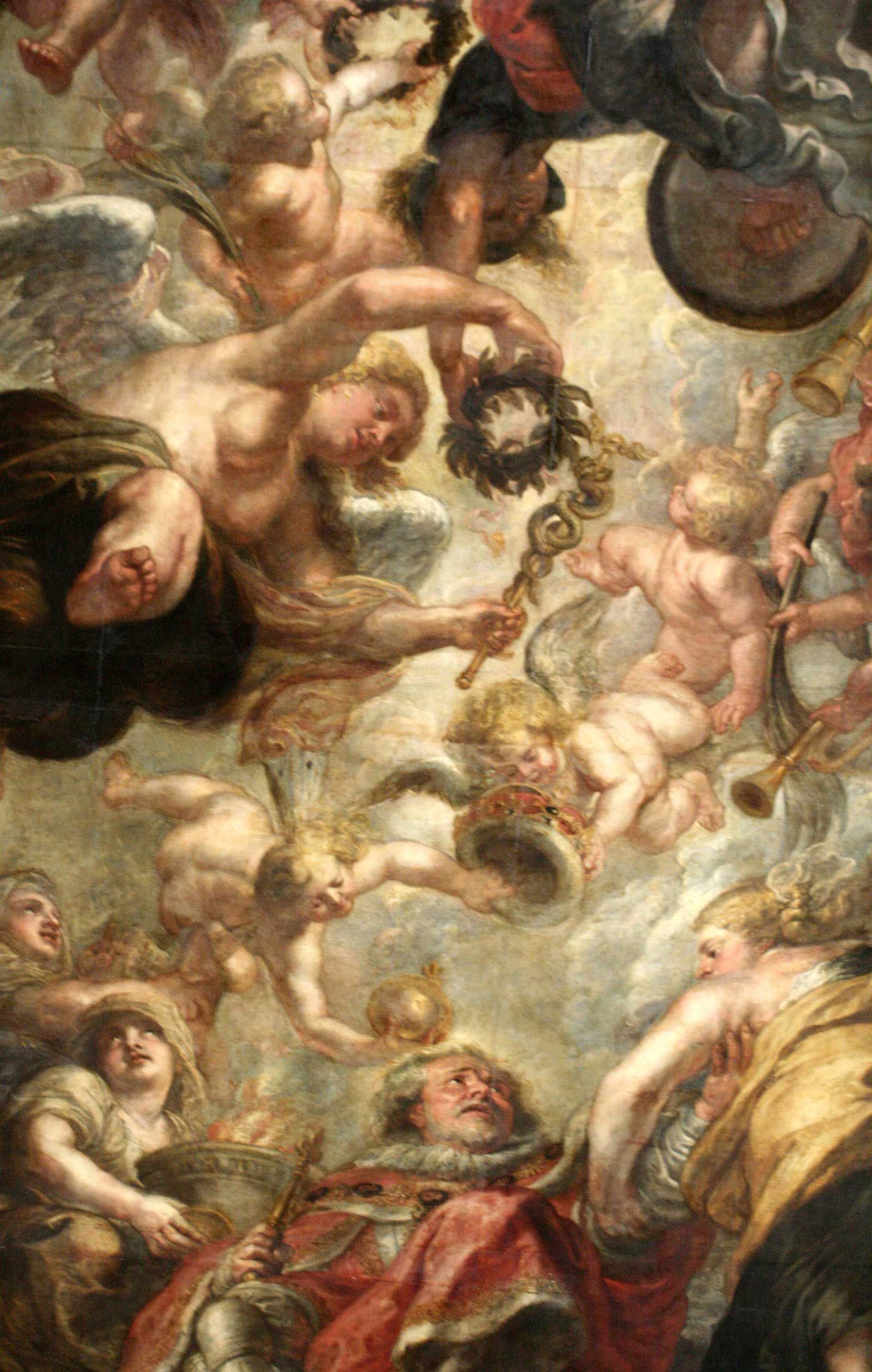 Ceiling painting with babies, robes, and royals at whitehall palace, by Rubens, 1633