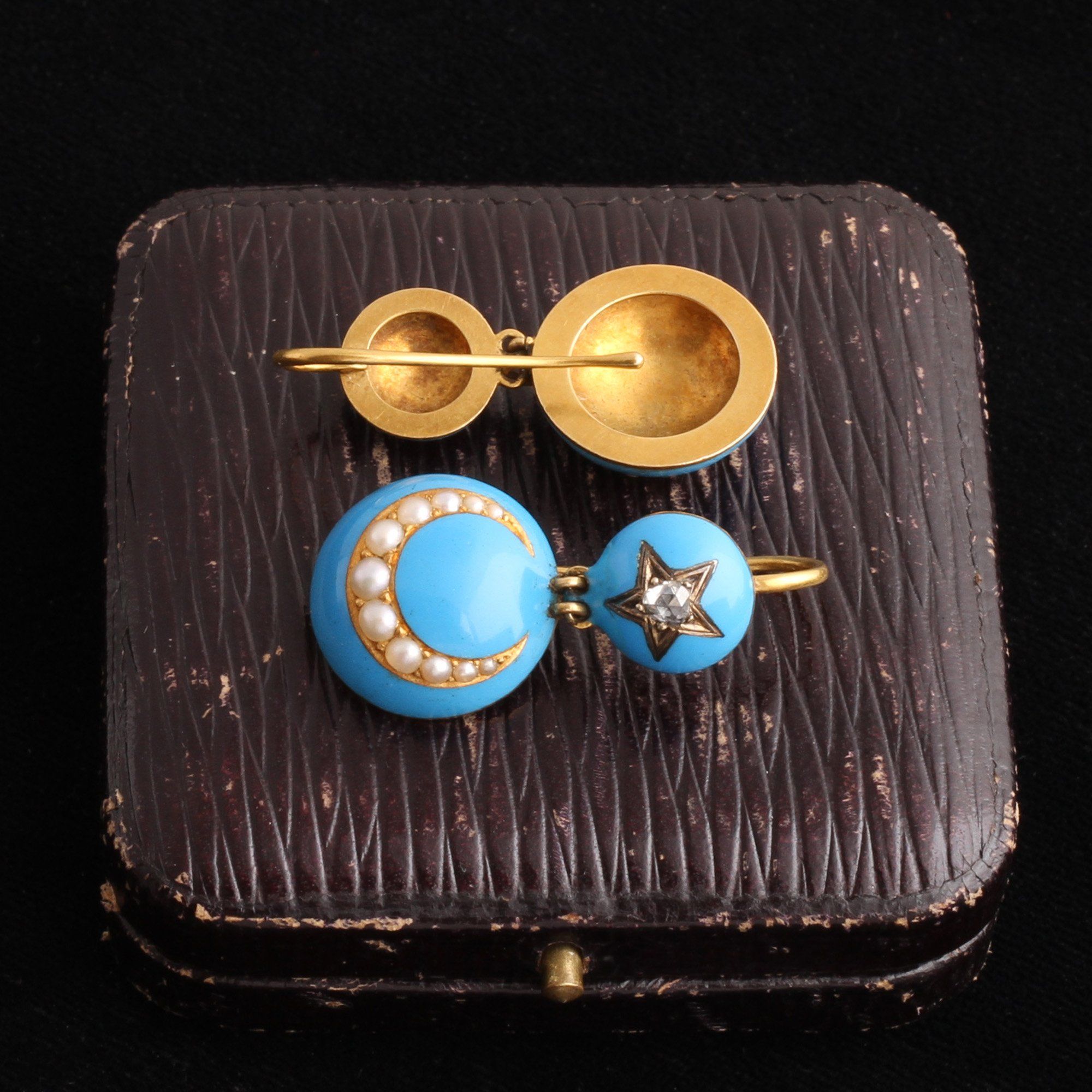 Victorian Blue Enamel Diamond Star and Pearl Crescent Earrings