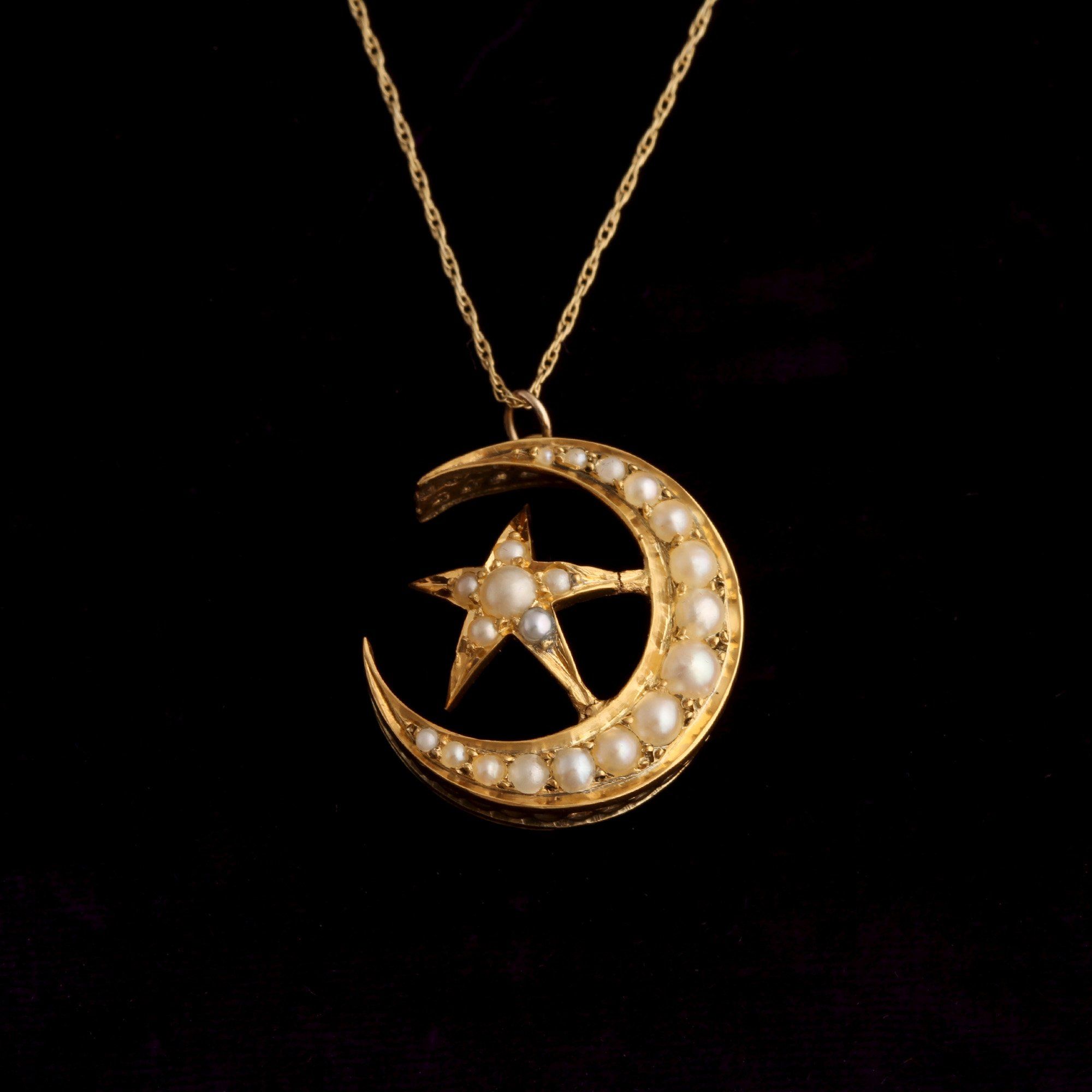 Victorian Pearl Crescent & Star Necklace