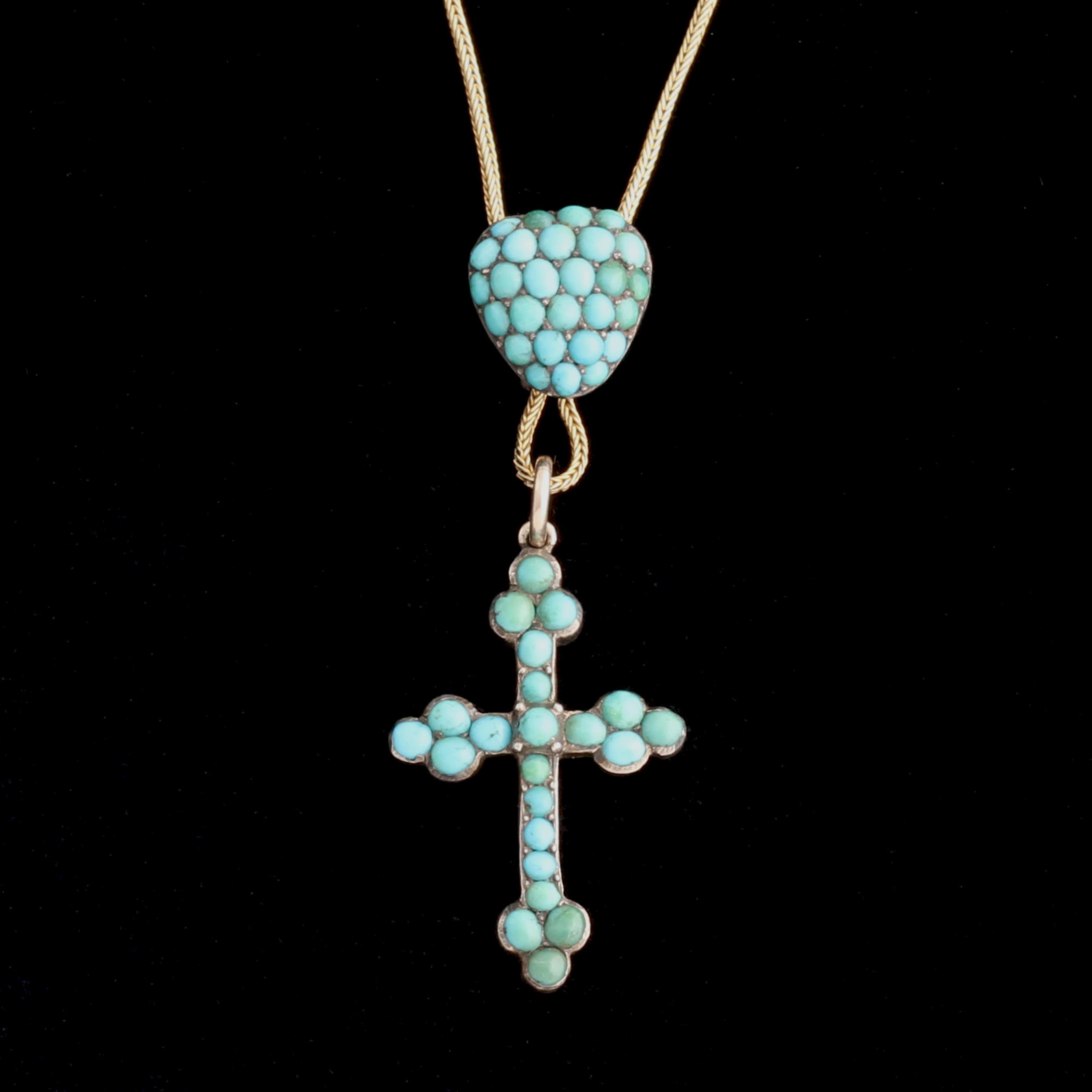 Victorian Turquoise Heart and Cross Necklace