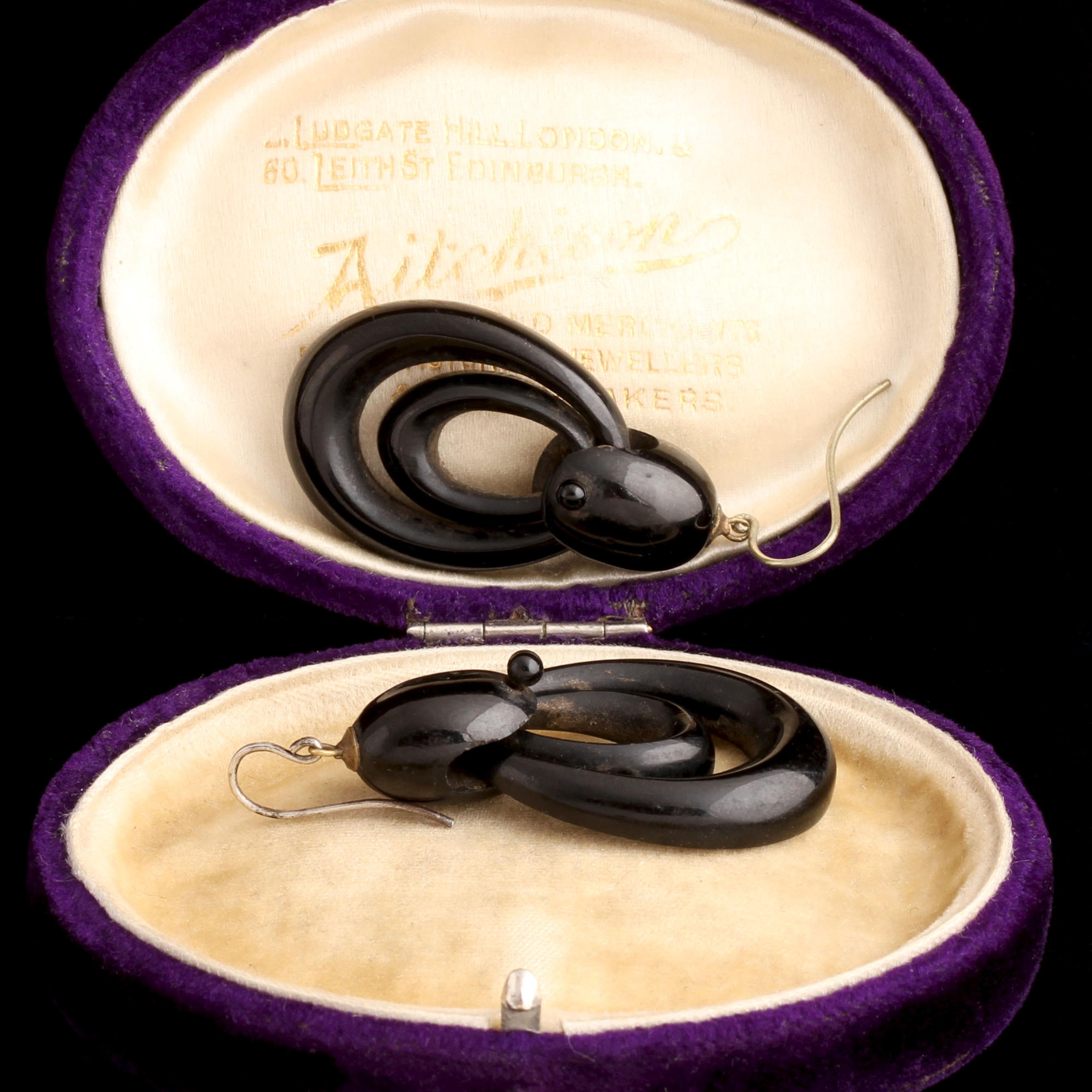 Detail of Victorian Whitby Jet Oval Hoop Earrings