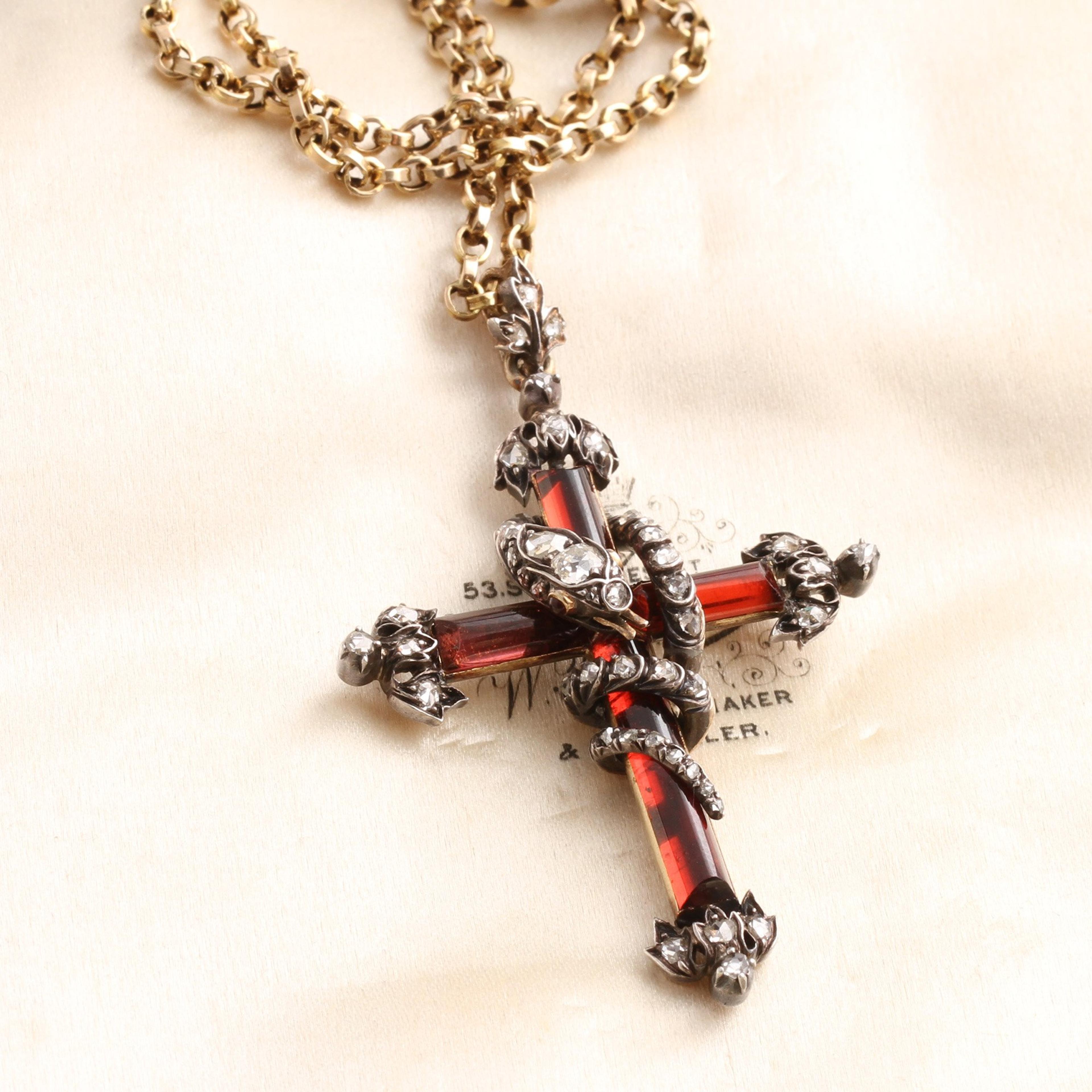 Detail of Early Victorian Garnet and Diamond Fleury Cross with Diamond Studded Snake