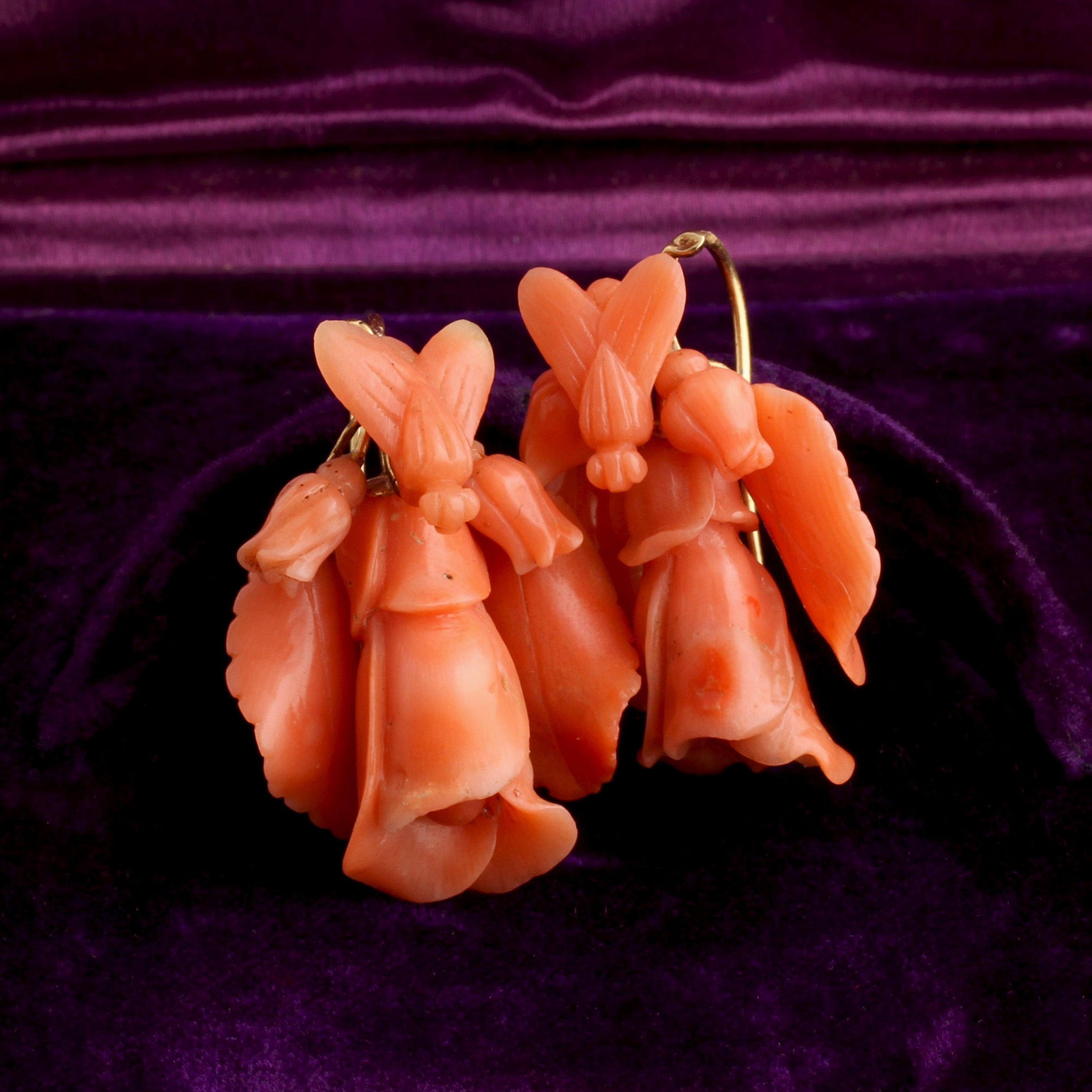 Mid 19th Century Flies & Flowers Carved Coral Earrings