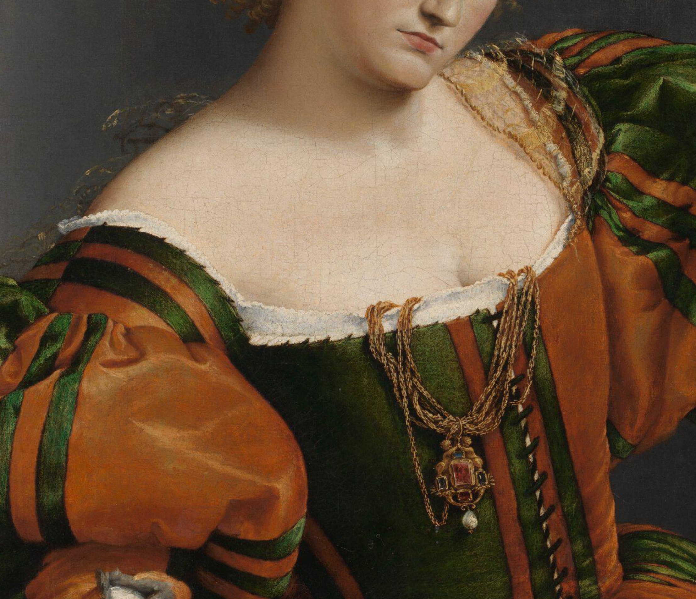 Detail from Portrait of a noblewoman as Lucretia by Lorenzo Lotto, 1533.