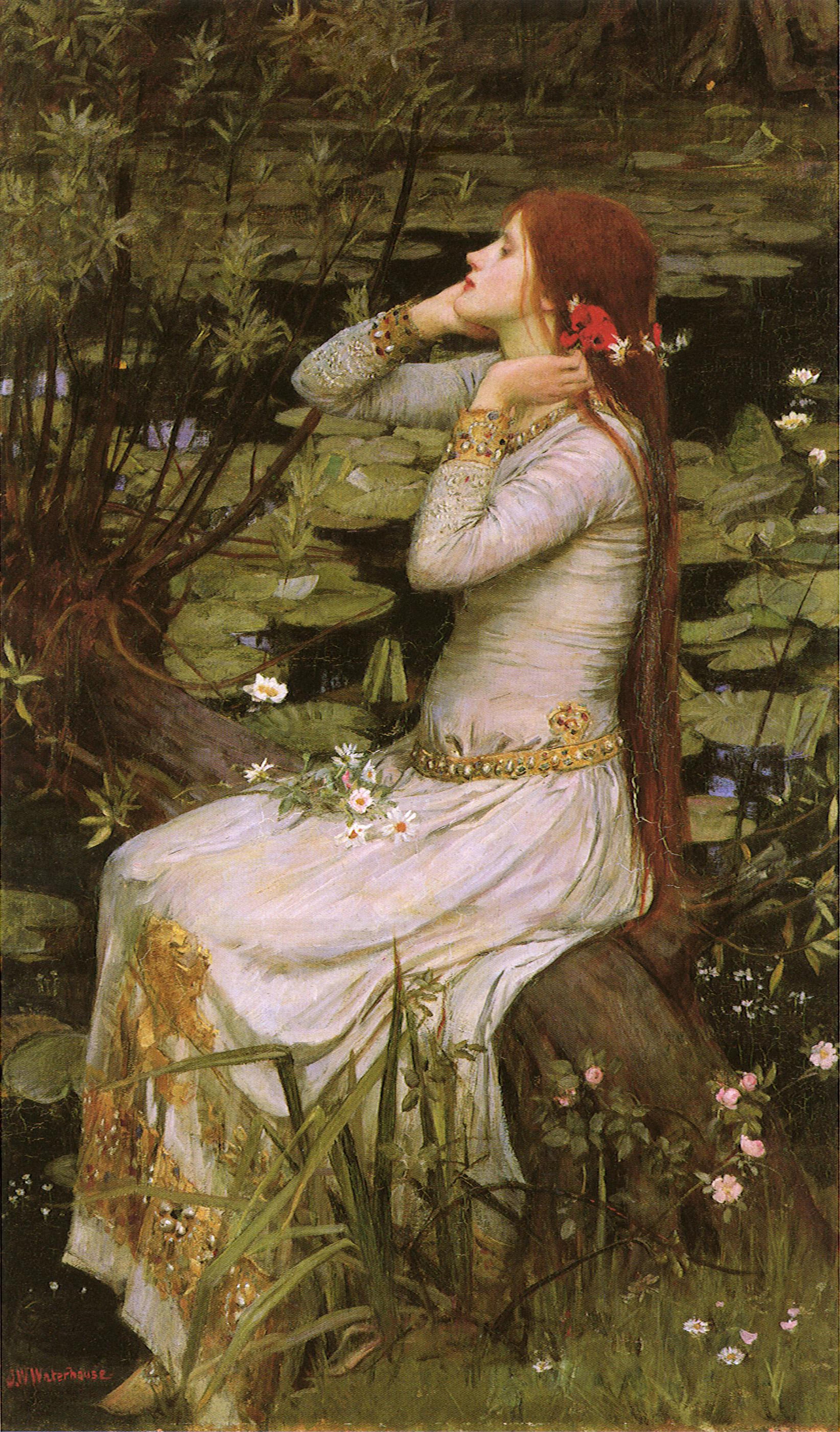 "Ophelia" by John William Waterhouse, 1894. Many portrayals of Hamlet's tragic character show her interacting with flowers, all meaningful.