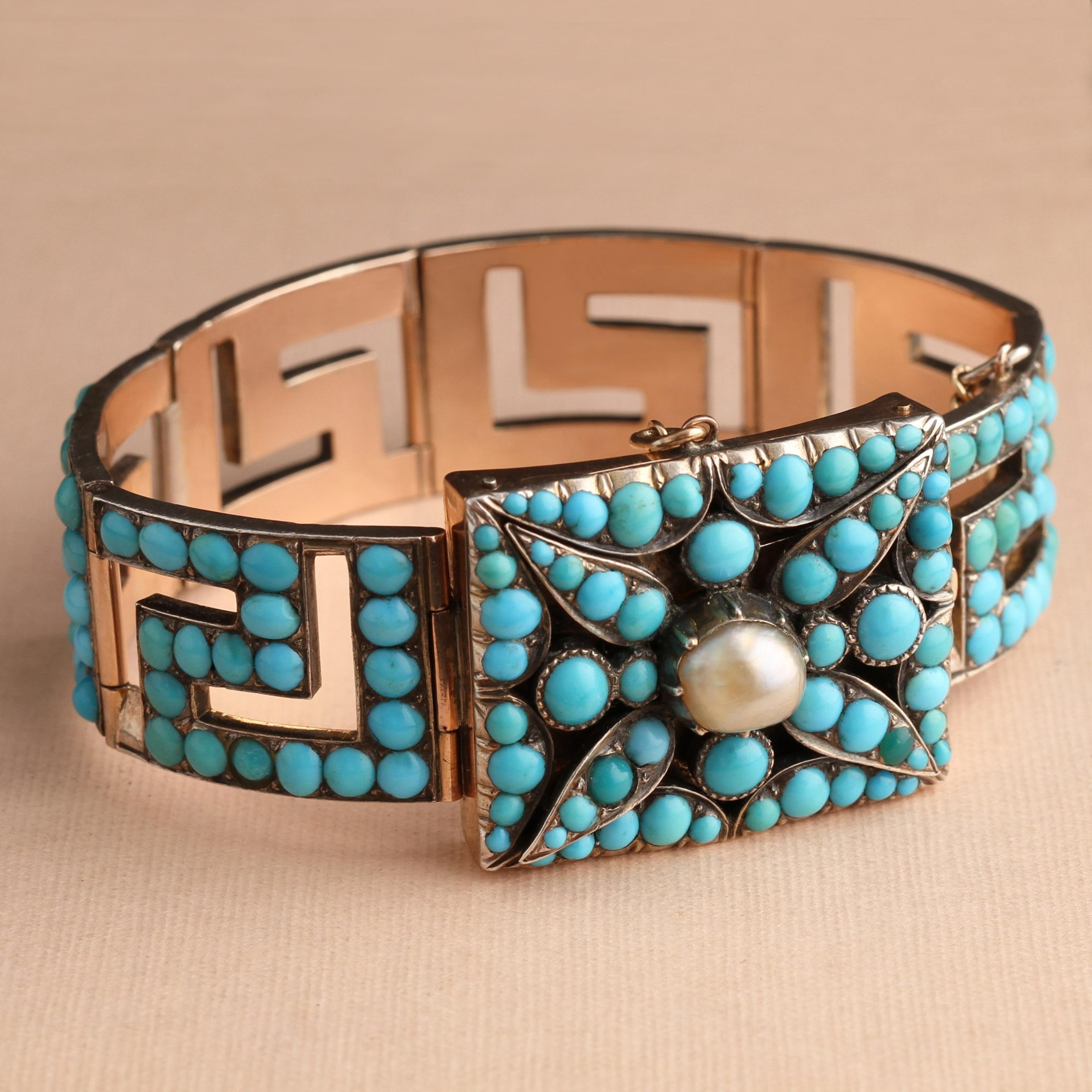 Detail of Victorian Rose Gold and Turquoise Greek Key Bracelet