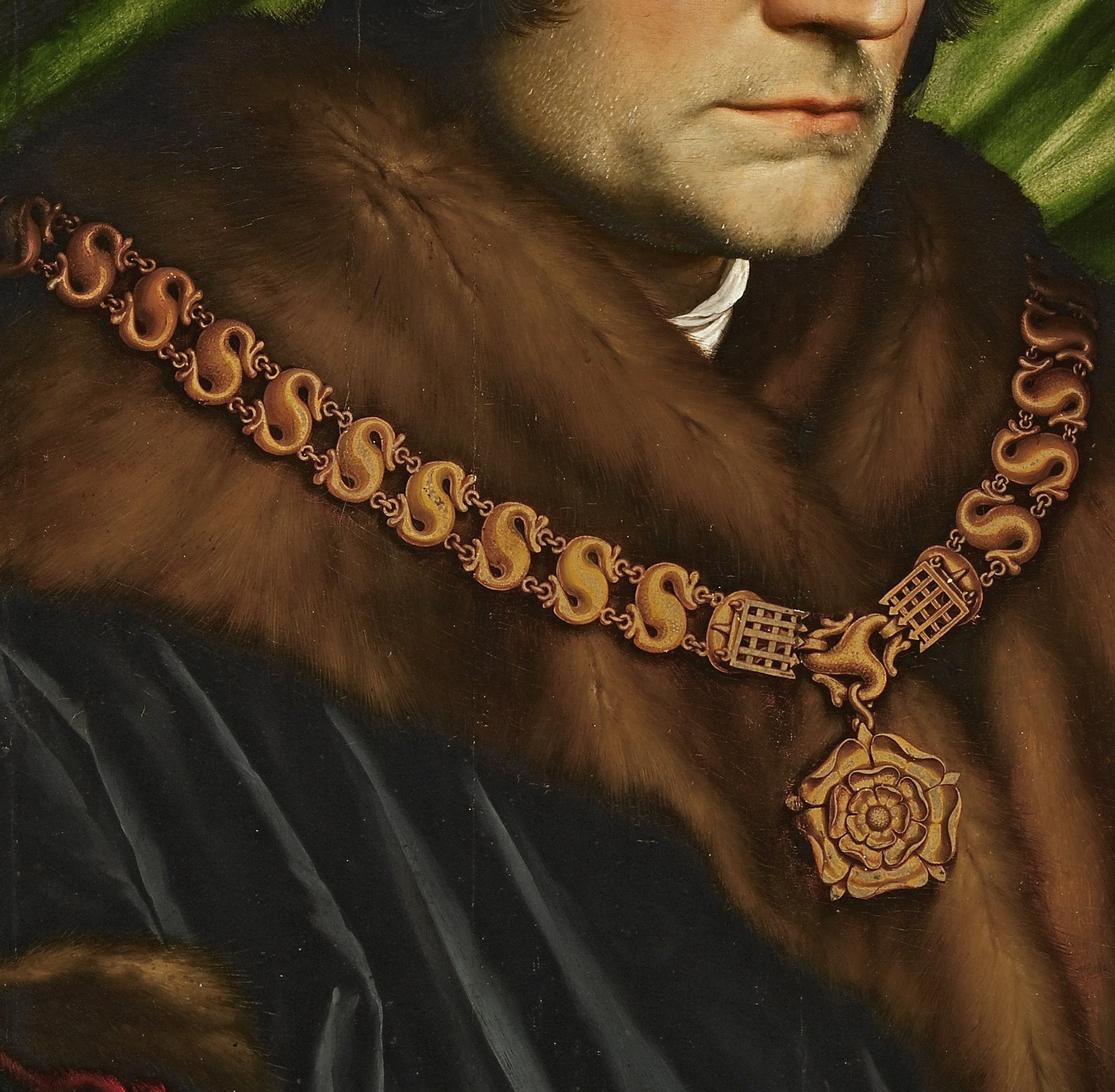 Sir Thomas More wearing the Collar of Esses, with a Tudor rose badge by Hans Holbein the Younger, 1527.