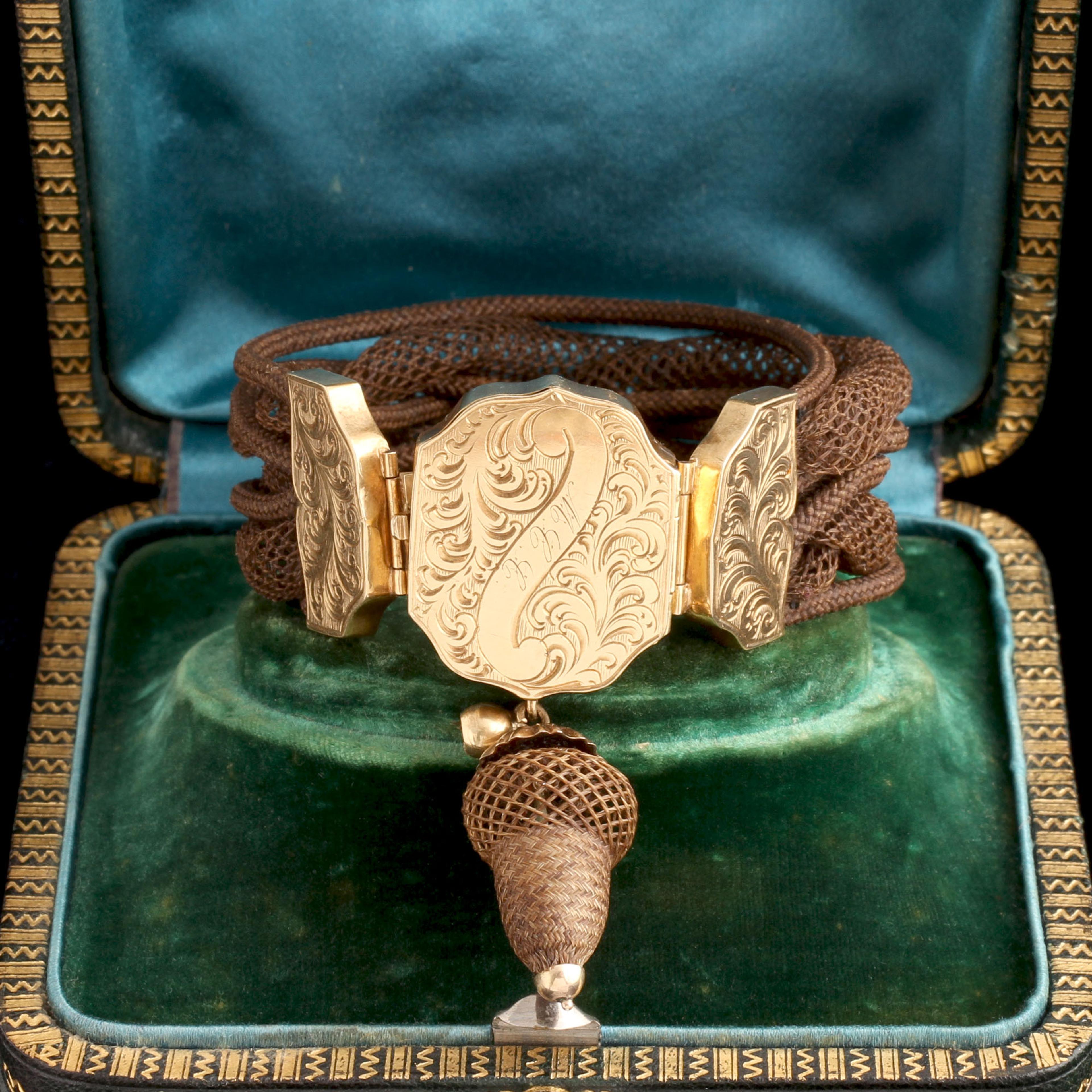 Victorian "M.C.C" & Acorn Hairwork Locket Bracelet