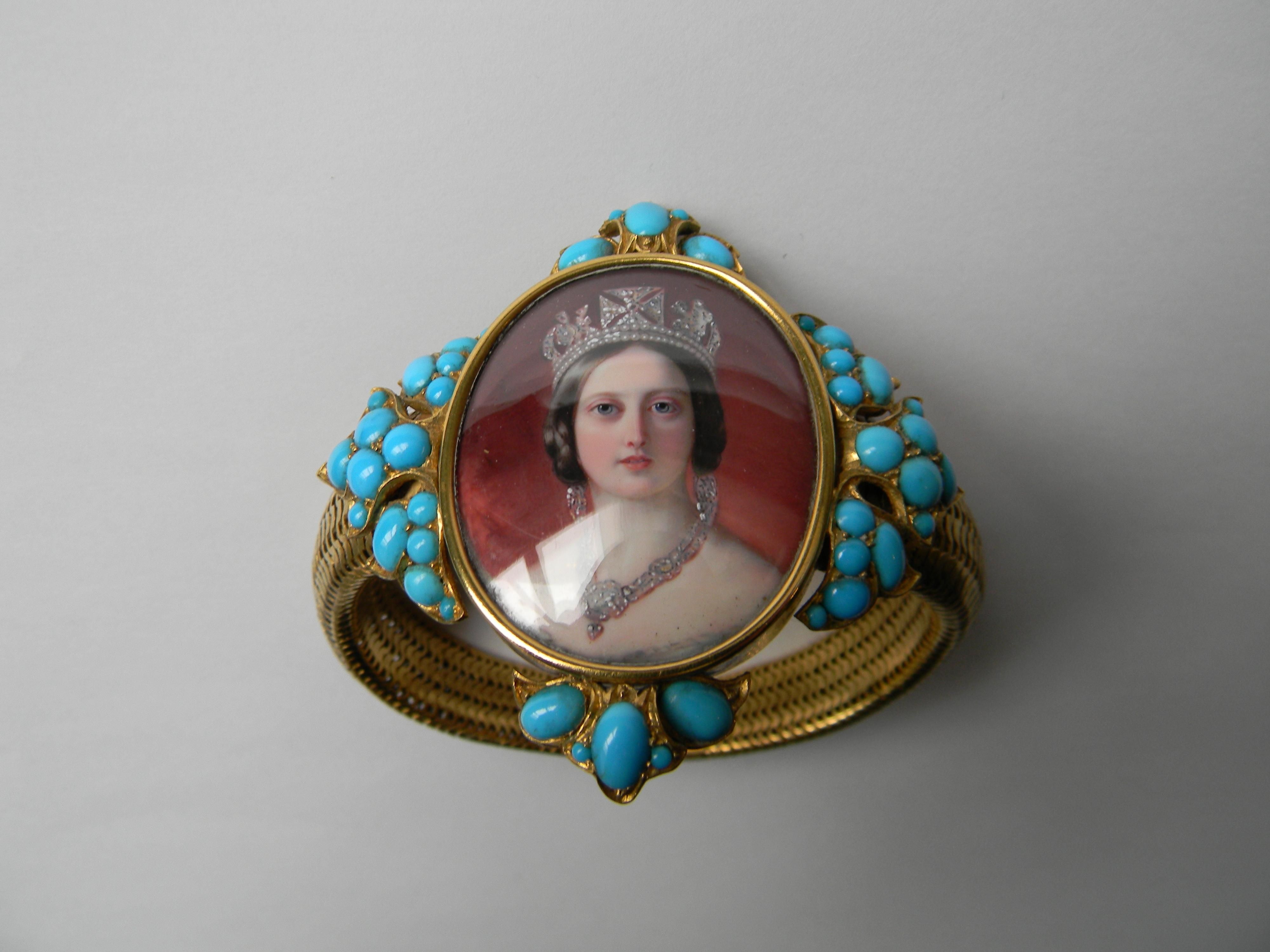 A gold mesh bracelet mounted with a miniature of Queen Victoria in a turquoise studded frame. Presented to The Duchess of Atholl by HM The Queen in July 1852 (Blair castle, Atholl Estates)