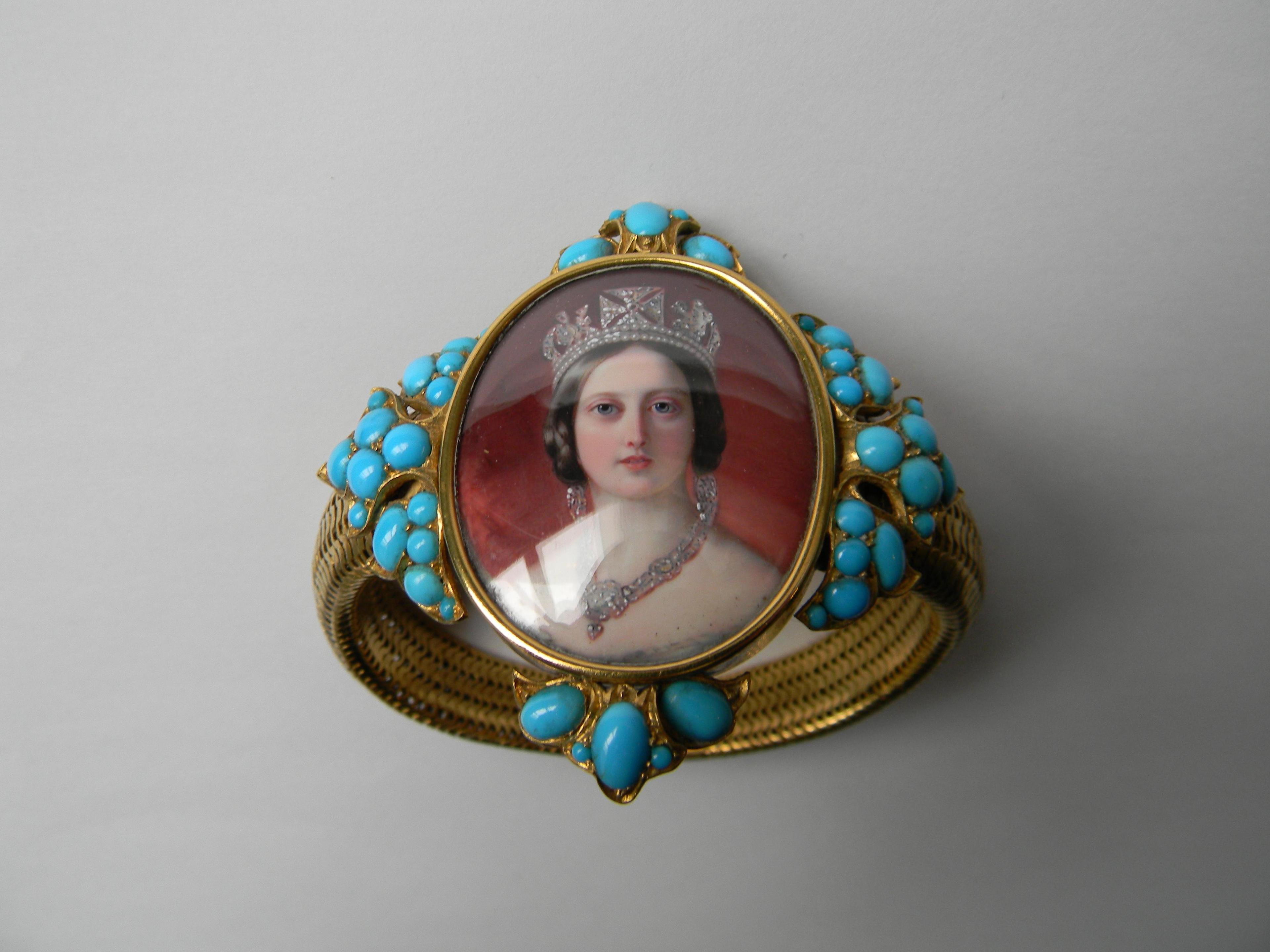 A gold mesh bracelet mounted with a miniature of Queen Victoria in a turquoise studded frame. Presented to The Duchess of Atholl by HM The Queen in July 1852 (Blair castle, Atholl Estates)