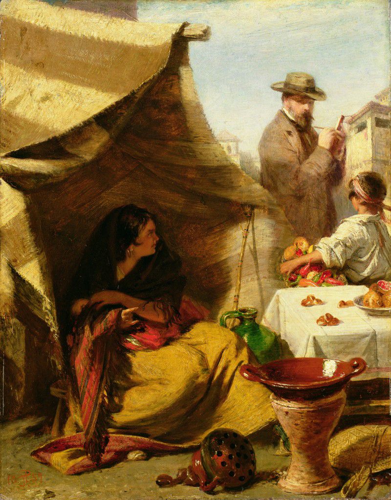 If you look closely, you can see the woman  making the sign of the horn while the artist is sketching.The Evil Eye, John Philip, 1859. The Stirling Smith Art Gallery & Museum.