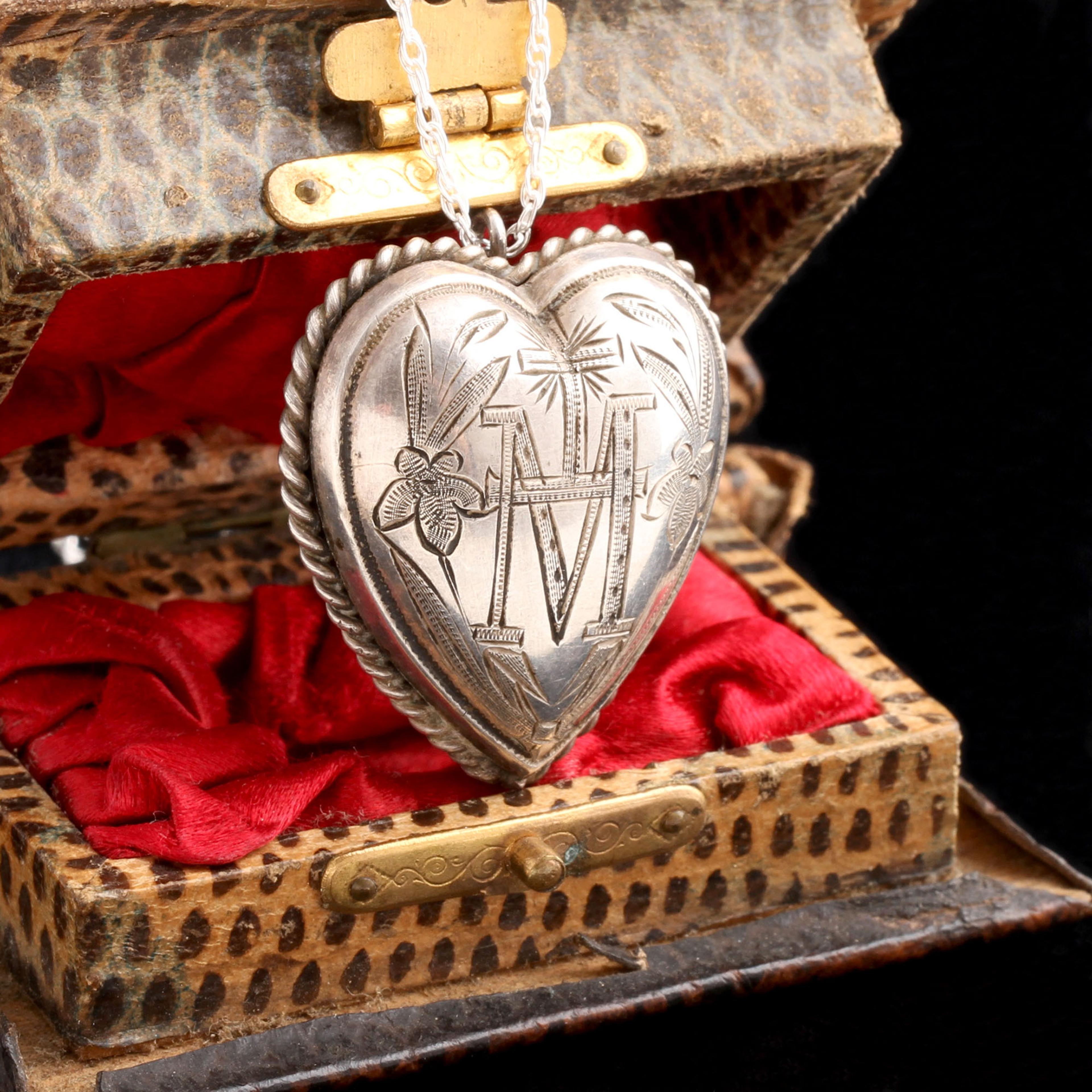 Victorian "M" Puffy Heart Silver Locket