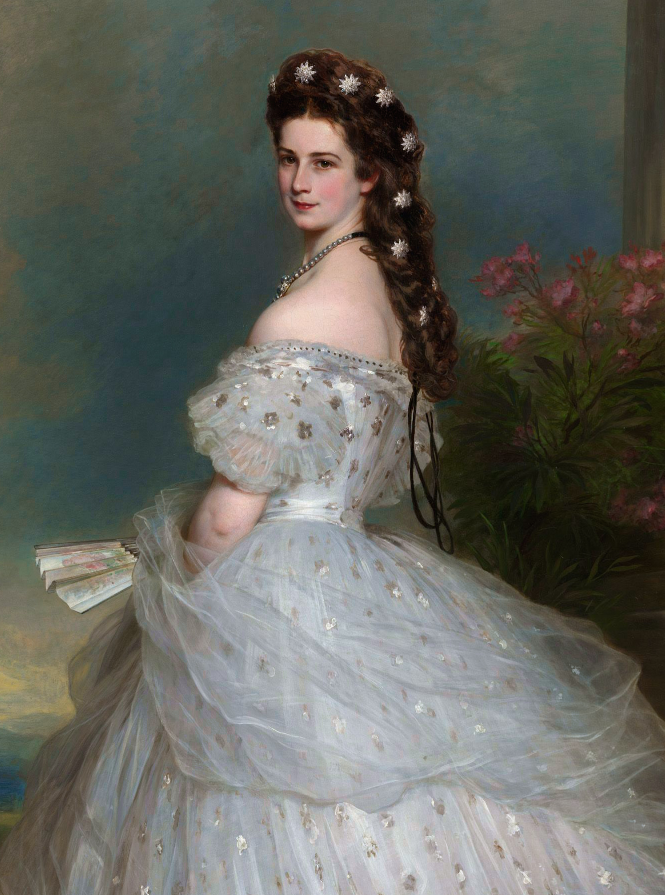 The diamond stars in Empress Elisabeth's hair were made by the Austrian Court jeweler Köchert. The 27 diamond stars could be worn individually as brooches or linked together to create a diadem.   Empress Elisabeth of Austria, 1865.  Franz Xaver Winterhalter. The Sisi Museum.