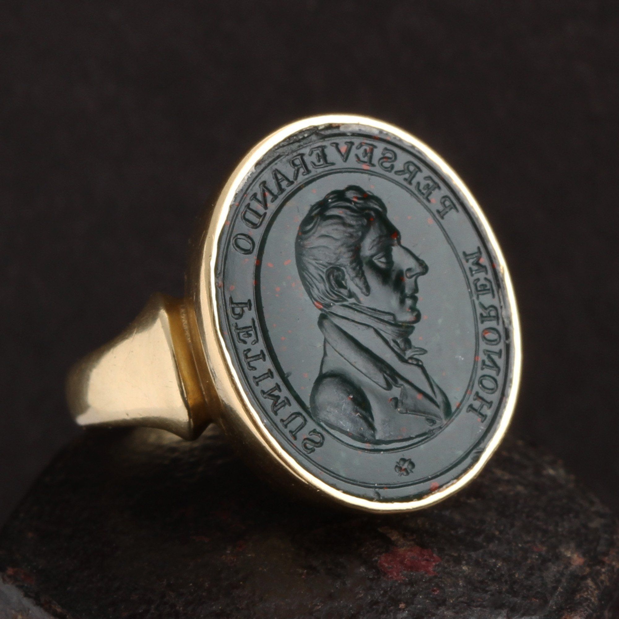 Victorian "Honorem Perseverando Petimus" Bloodstone Intaglio Ring