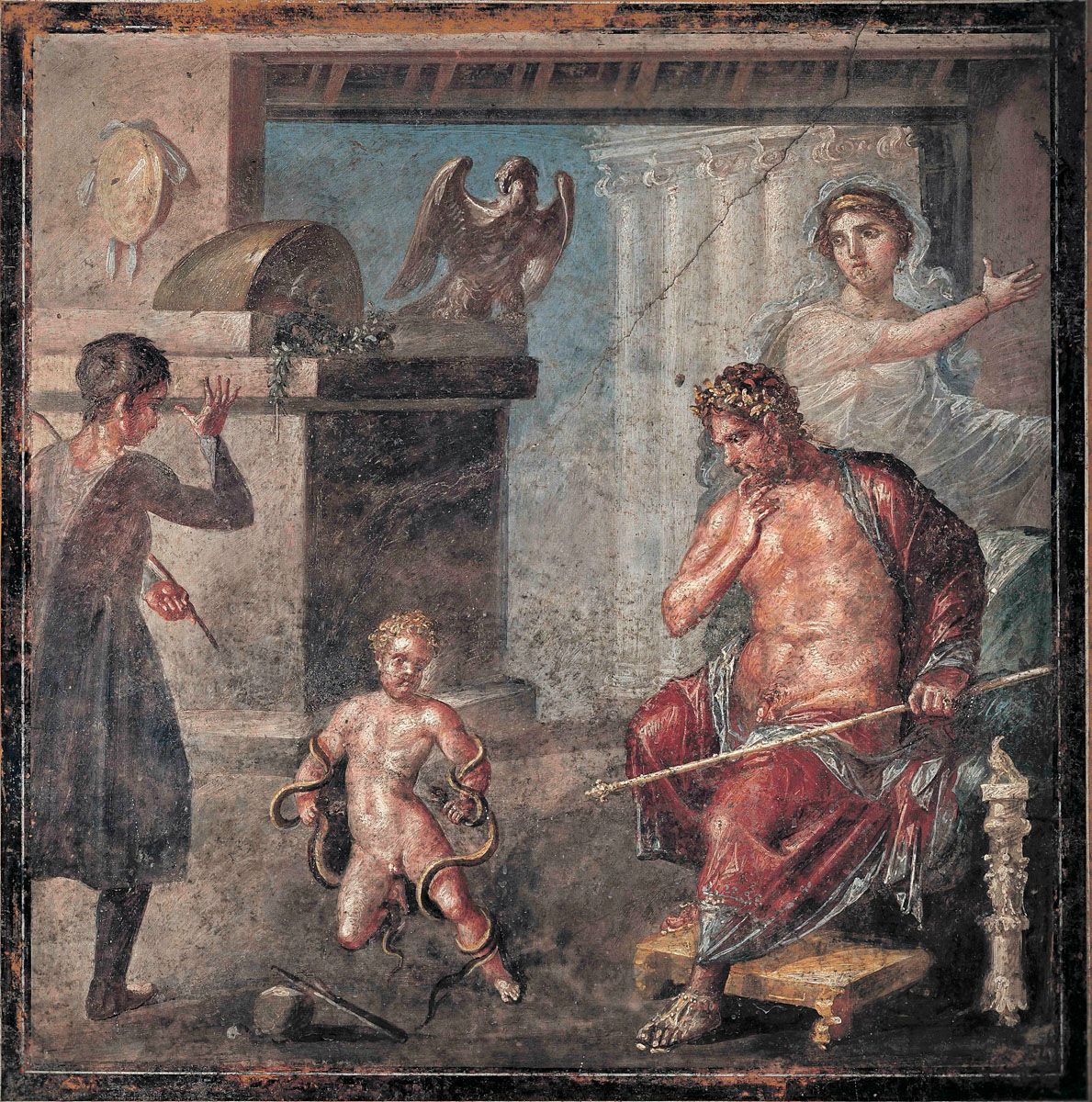 Fresco: Young Heracles Strangles the Snakes, 60—79 CE. Pompeii, Archaeological Park, House of the Vettii.