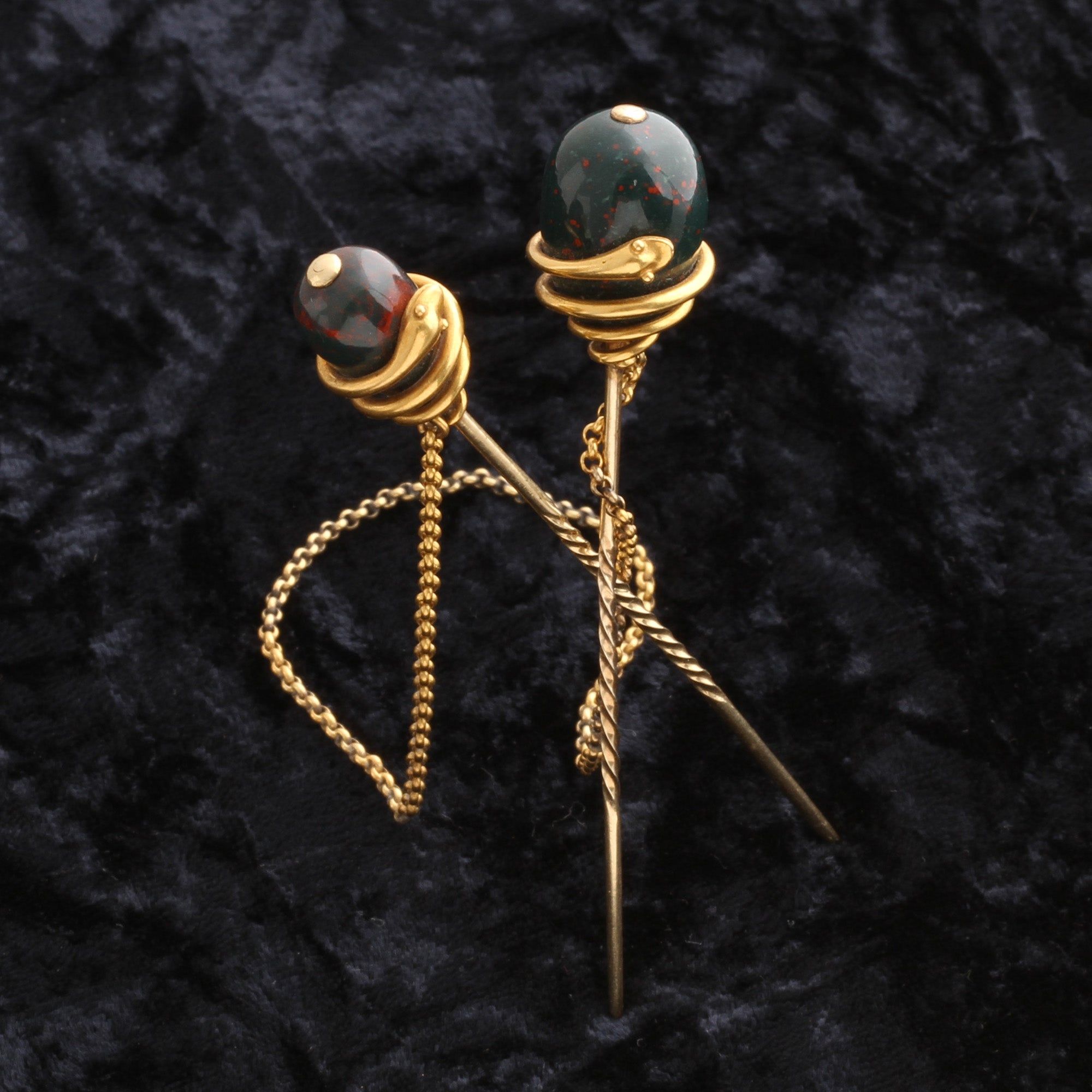Detail of Victorian Coiled Snake & Bloodstone Cloak Pins