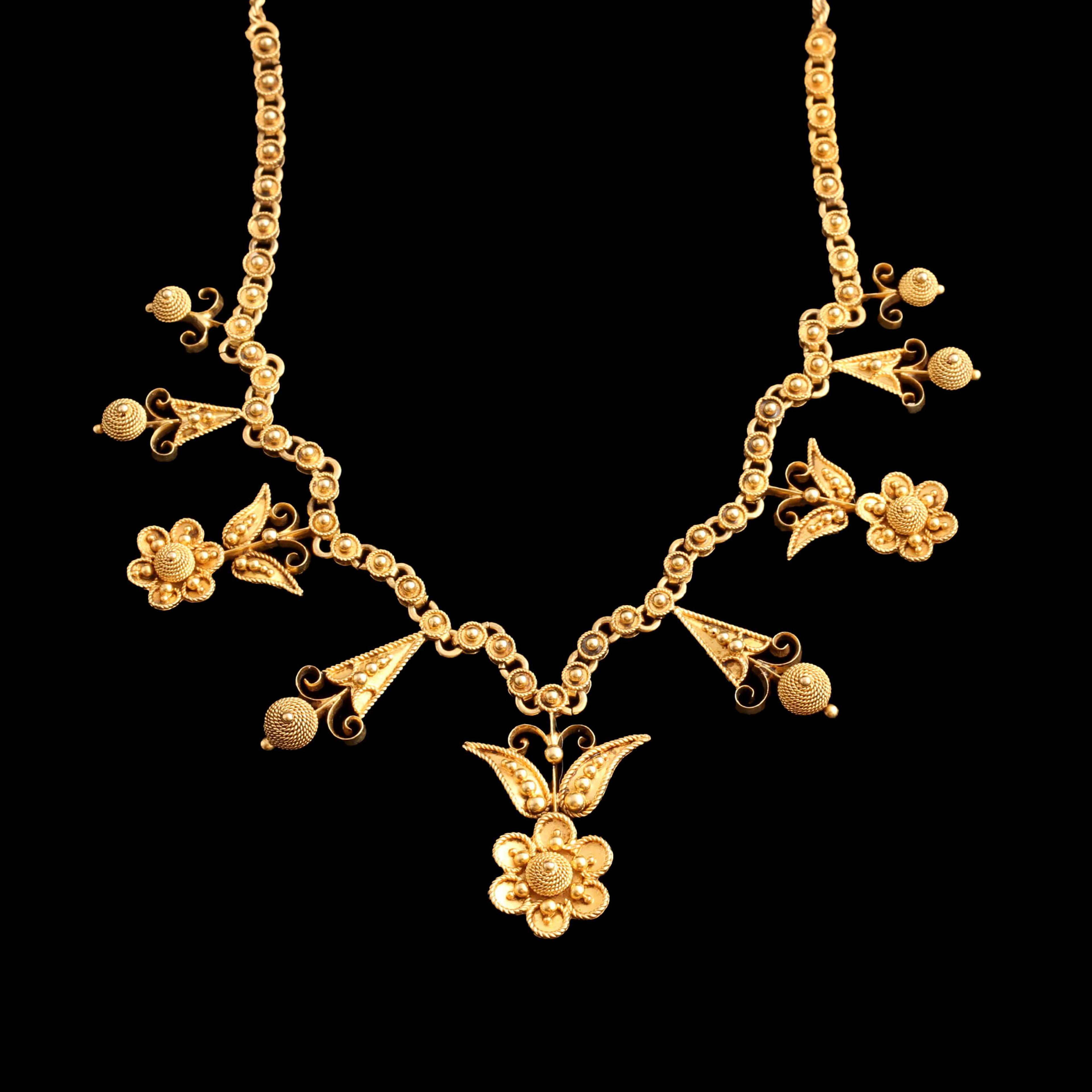 Etruscan Revival Floral Fringe Necklace