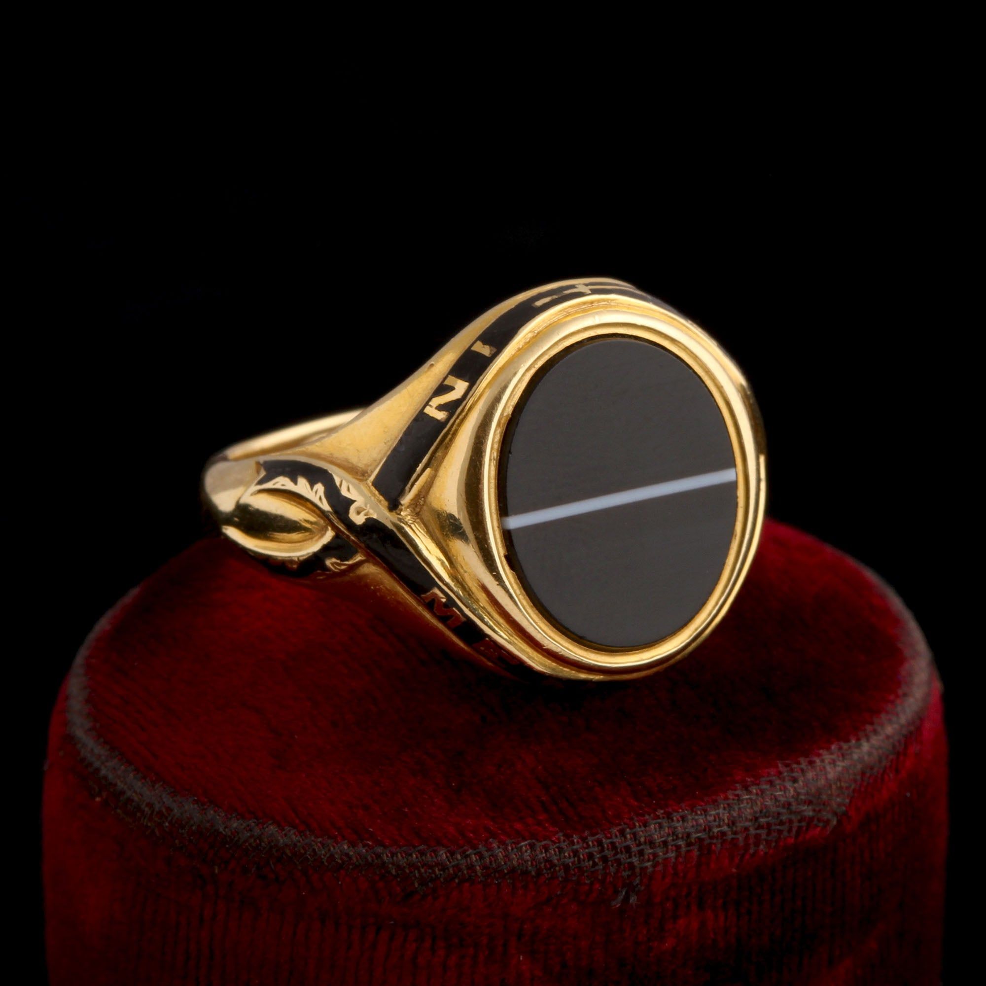 Victorian Banded Agate & Enamel Mourning Ring