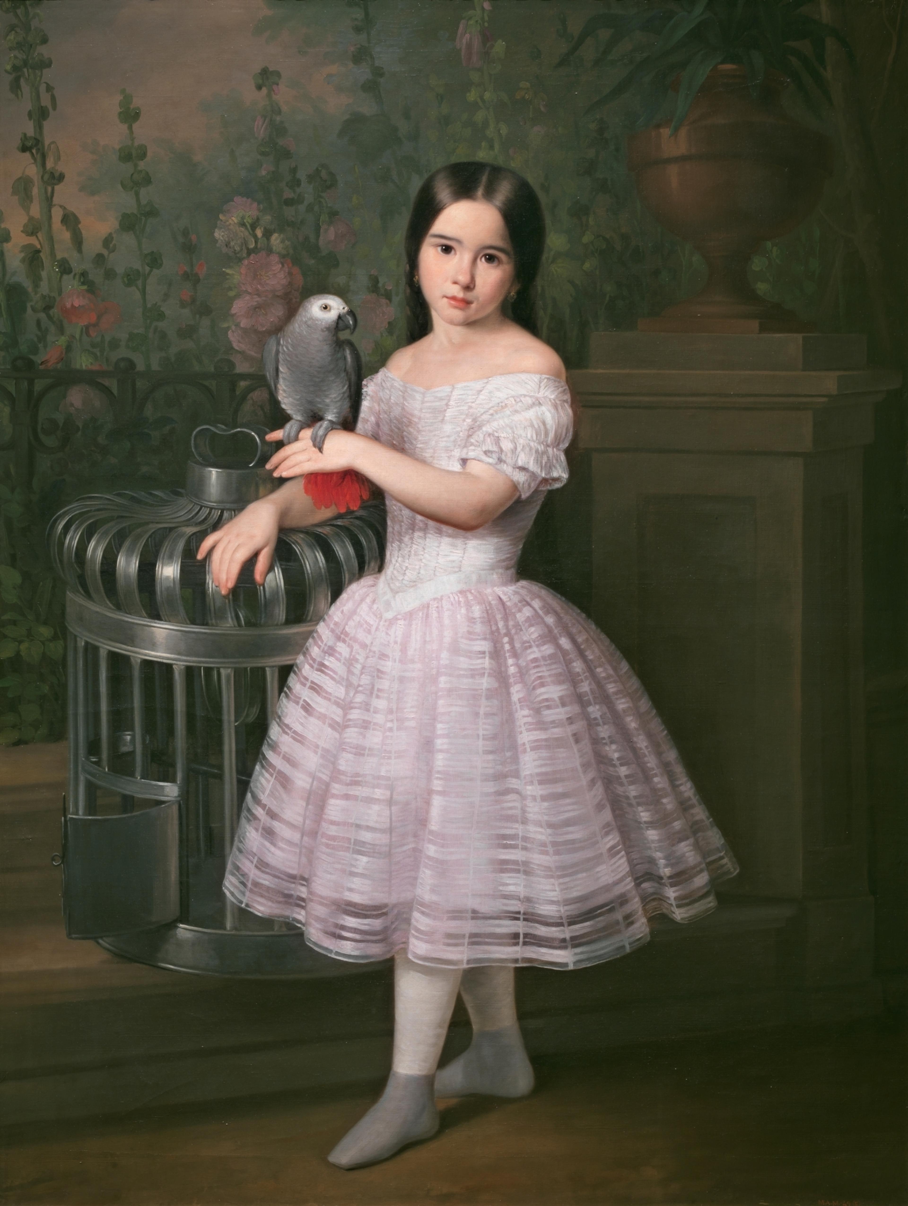 Rafaela Flores Calderón with gray parrot, Antonio Maria Esquivel,  1842. Museo Del Prado.