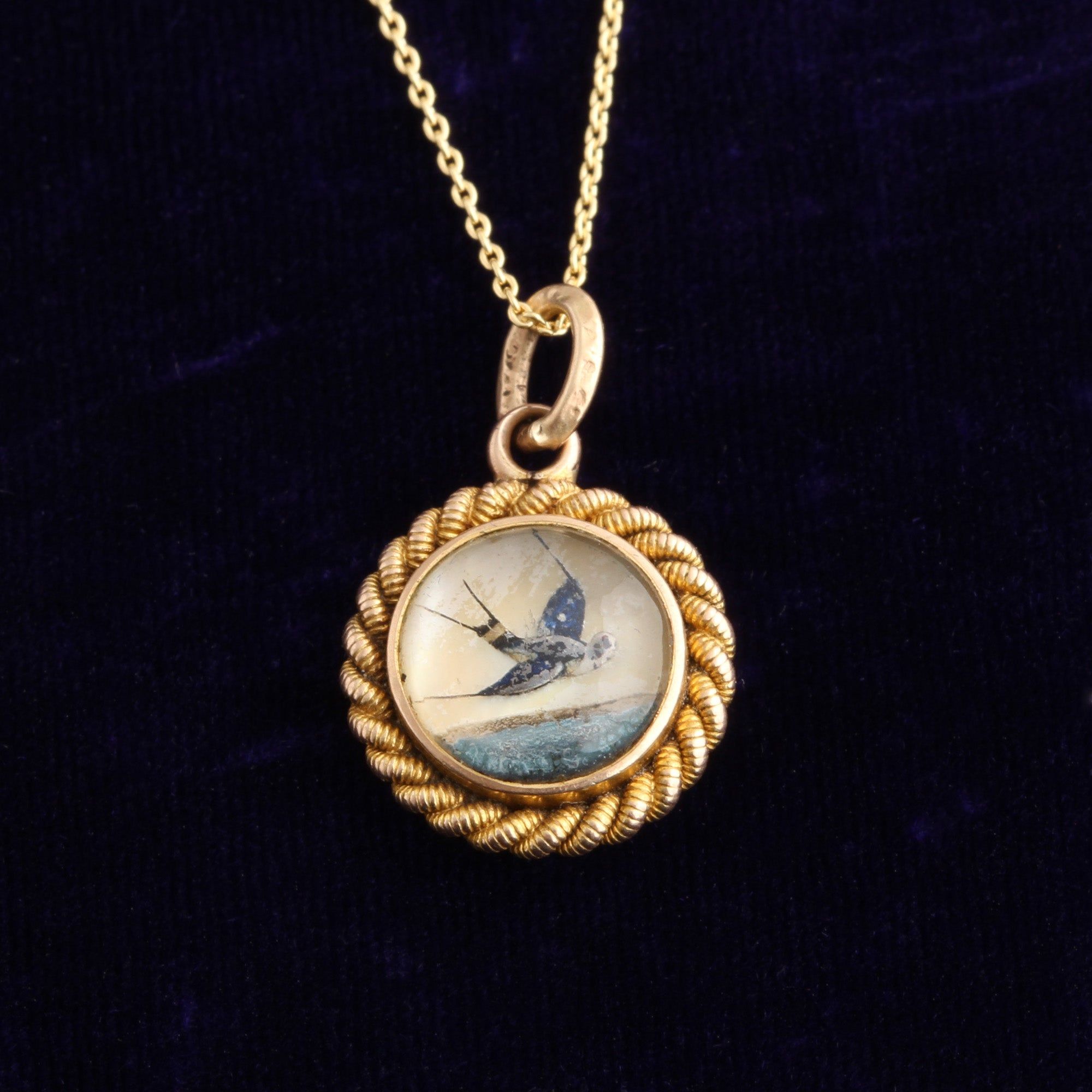 Victorian Reverse-Painted Swallow Pendant