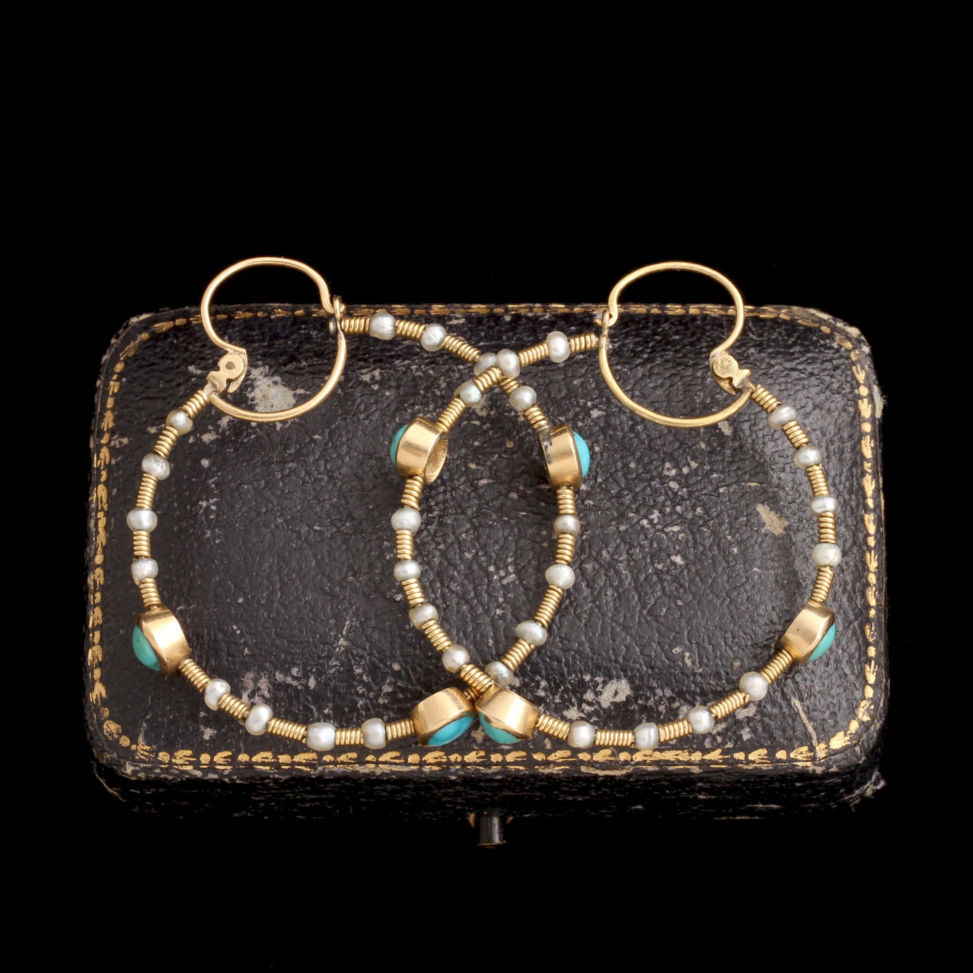 EARLY VICTORIAN Turquoise & Seed Pearl Twisted Wire Hoops