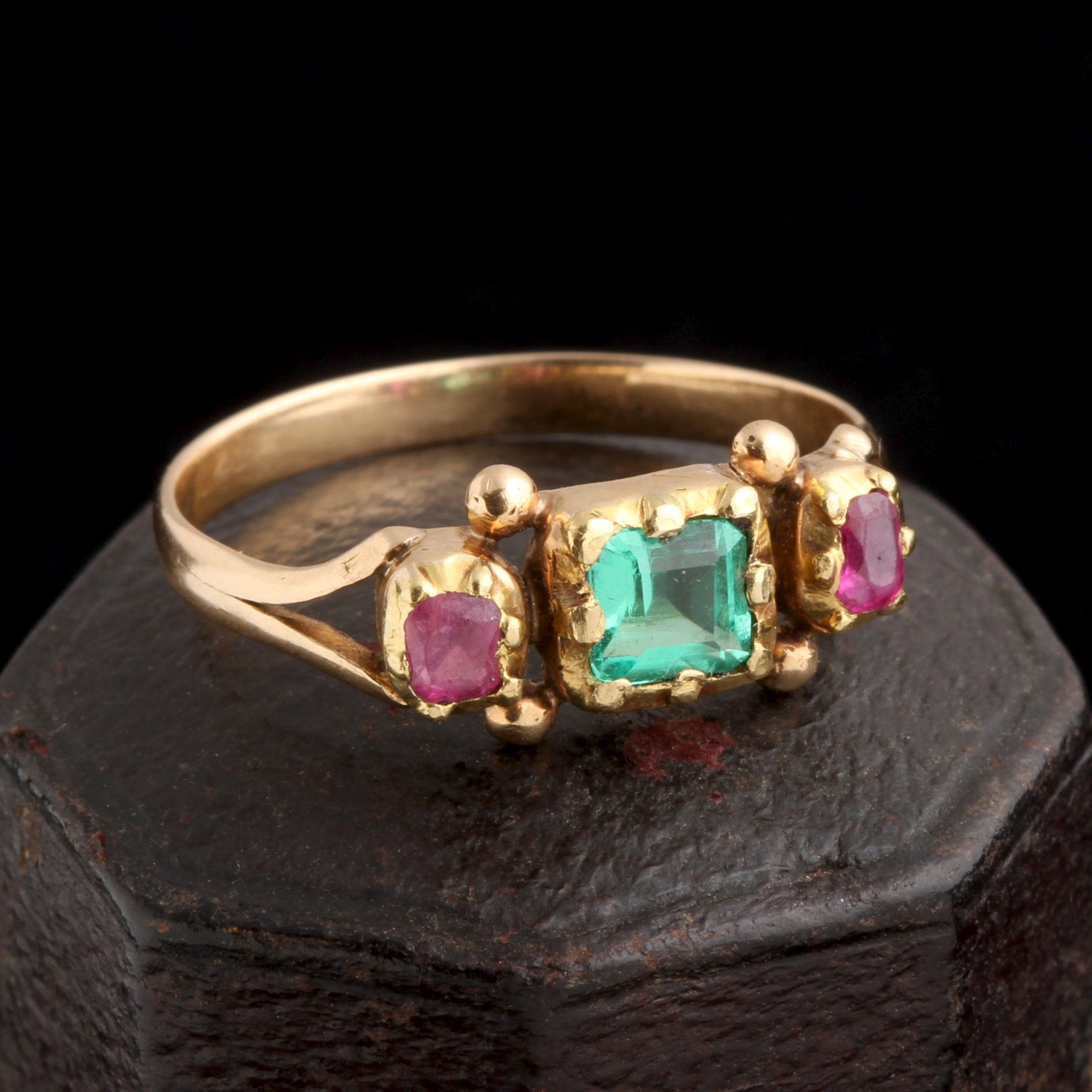 Early Victorian Emerald & Ruby Three Stone Ring