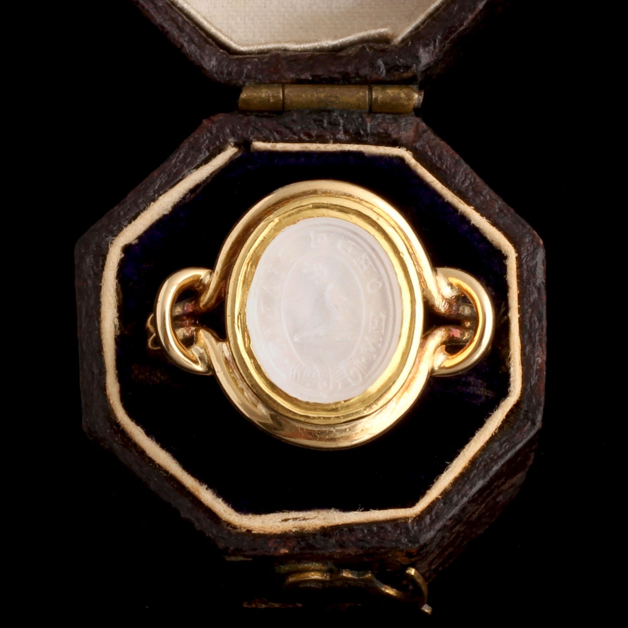 Detail of Victorian "Ne Cede Malis" Chalcedony Signet Ring