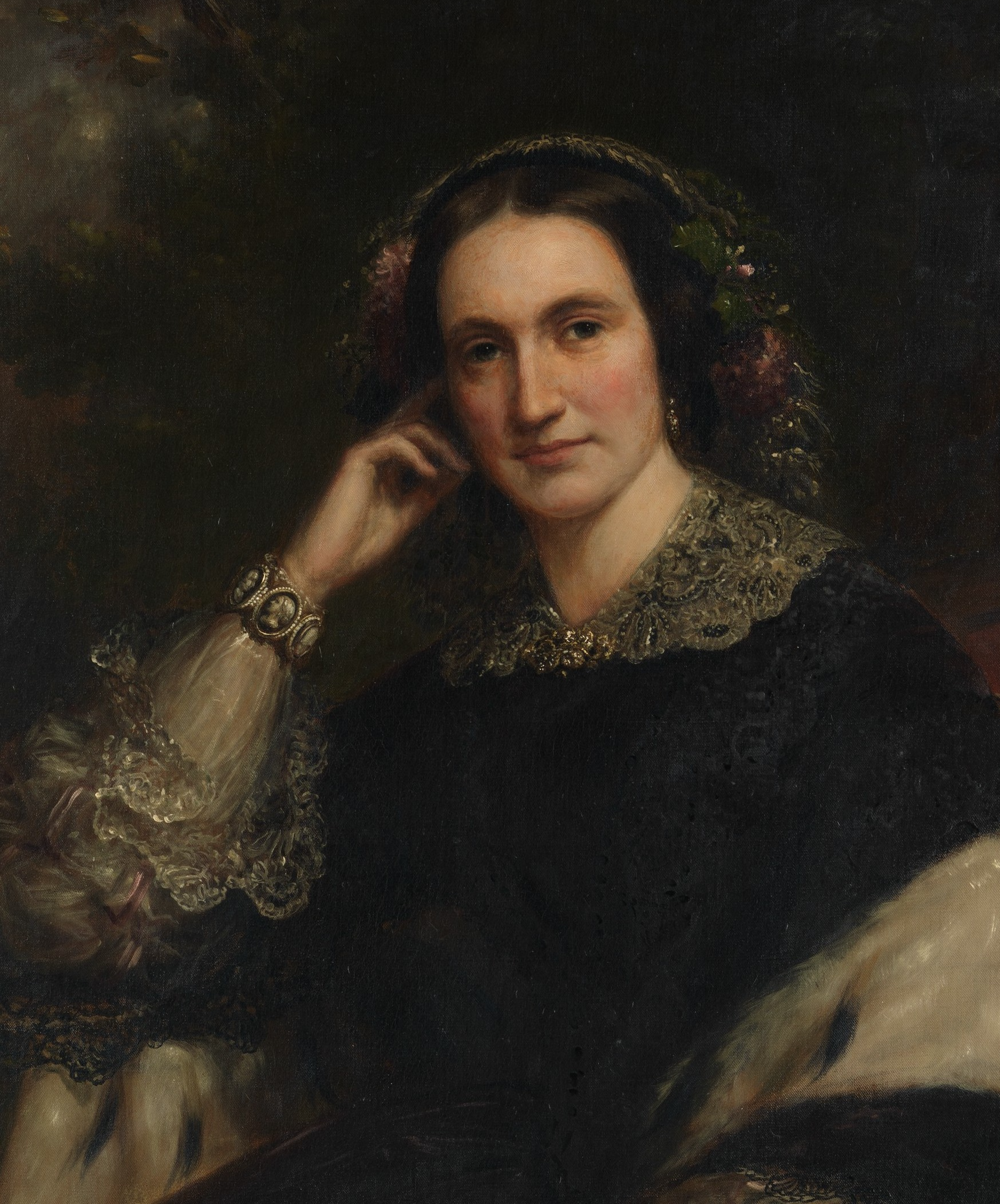 Mrs. Stuart is wearing a bracelet of six cameo links, each surrounded by seed pearls. The cameos are portraits of Mrs. Stuart, her husband and their four children. The onyx cameos were carved my American sculptor Augustus Saint Gaudens. Anna Watson Stuart by Daniel Huntington, ca. 1862. The Metropolitan Museum of Art. 