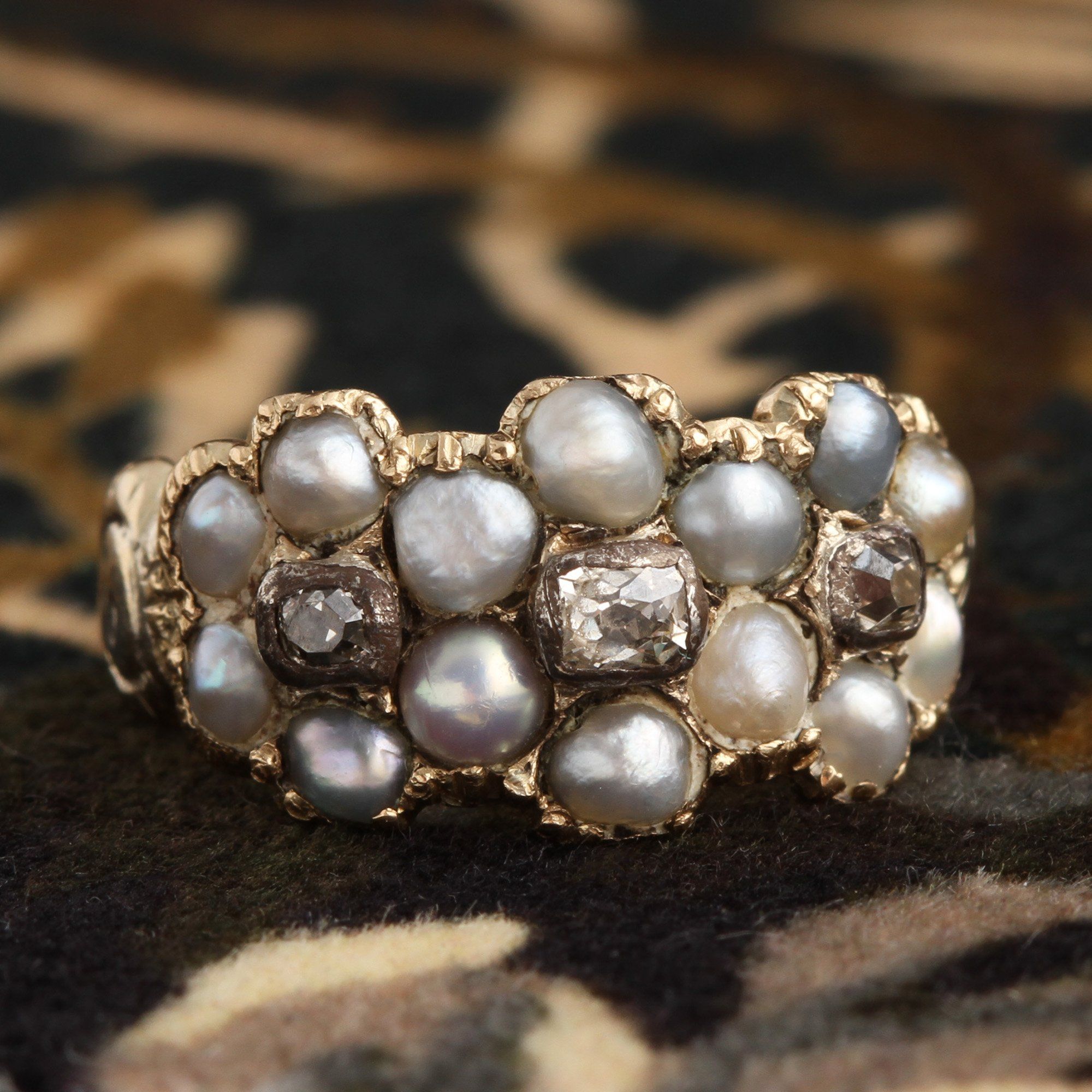 Georgian Pearl & Diamond Triple Cluster Ring