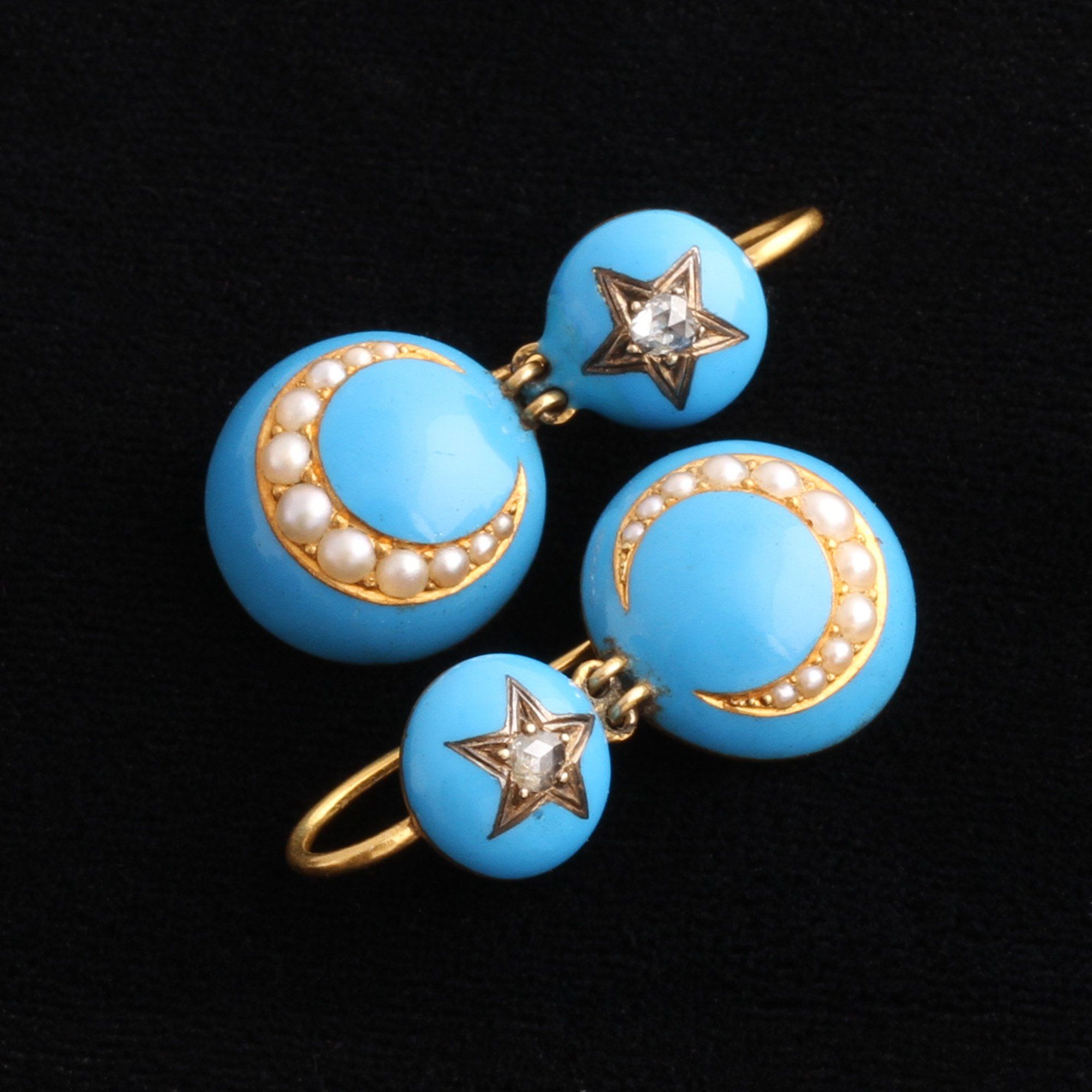 Victorian Blue Enamel Diamond Star and Pearl Crescent Earrings