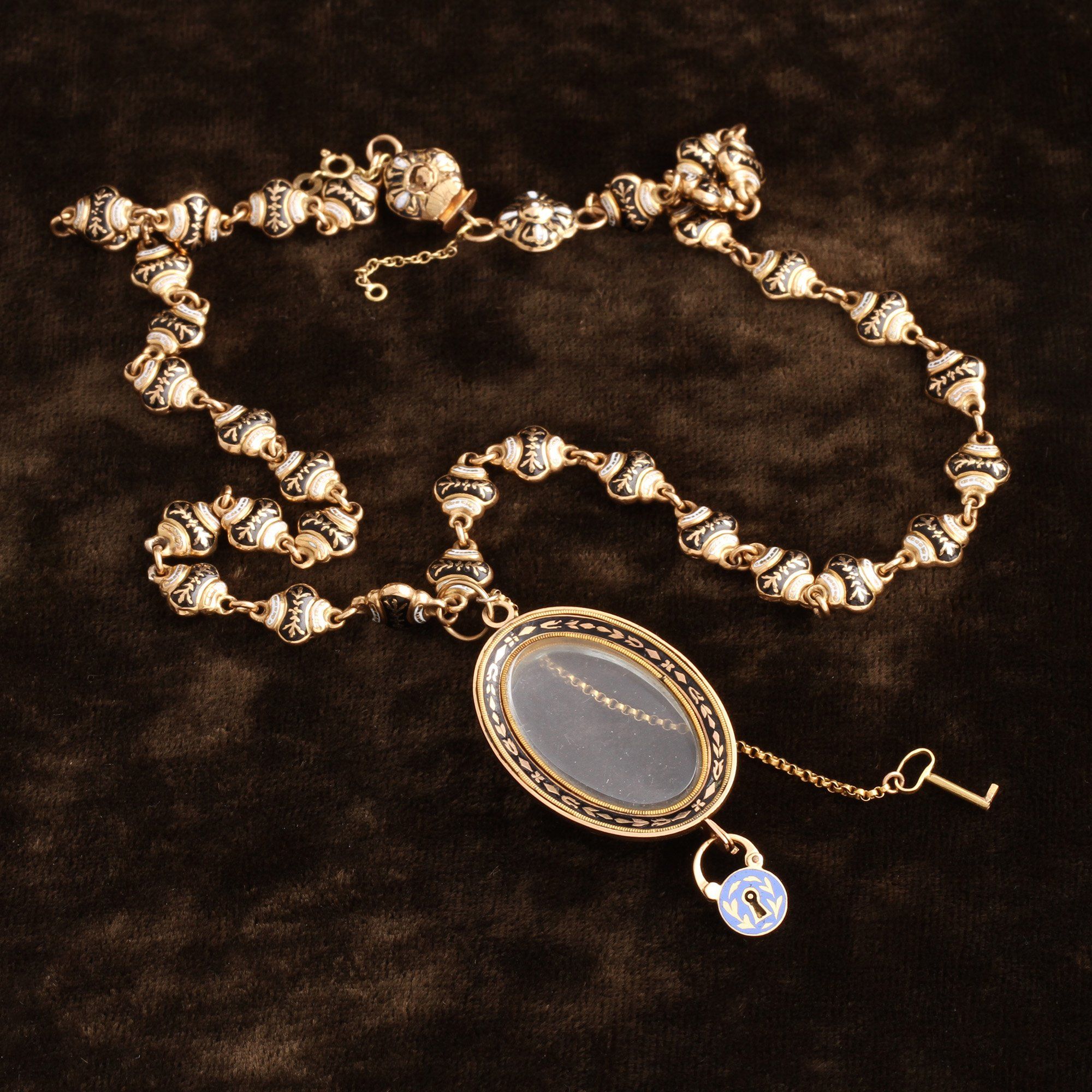 Mid 19th Century Swiss Enamel Necklace with Locket, Padlock and Key