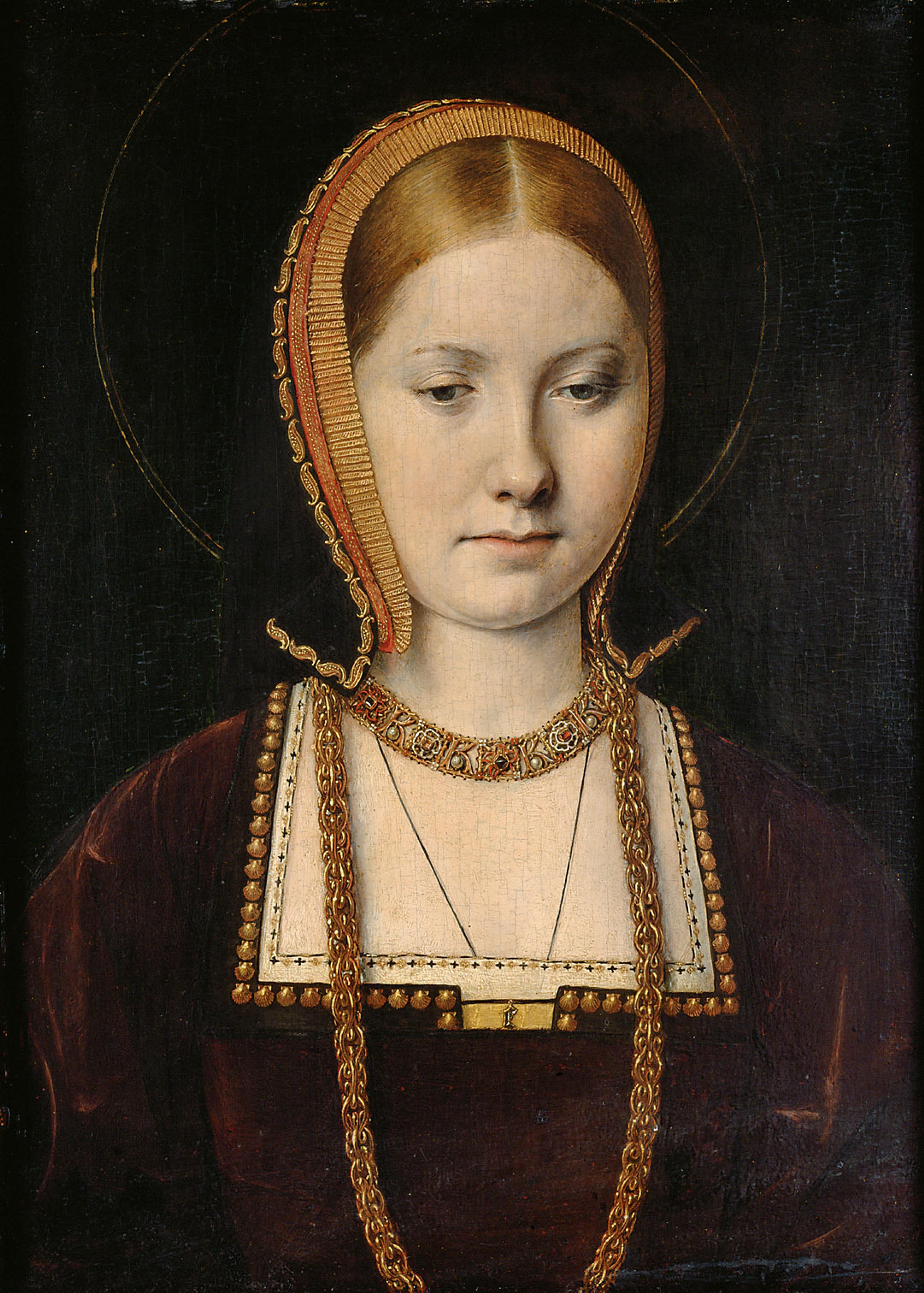 The ‘K’ on the necklace possibly stand for “Katherine” of Aragon (first wife of Henry VIII) or some historians think the portrait is of Mary Rose Tudor (youngest sister of Henry VIII) in which case the ‘K’ would stand for “Karolus” for Charles, the future Holy Roman Emperor to whom she was betrothed by Michel Sittow, c. 1514.