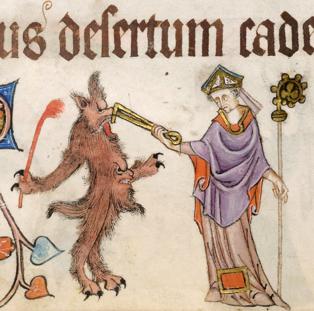 "Saint Dunstan and the Devil", illumination from the "Luttrell Psalter", ms. Add MS 42130, f. 54v, 1325-1340, British Library.