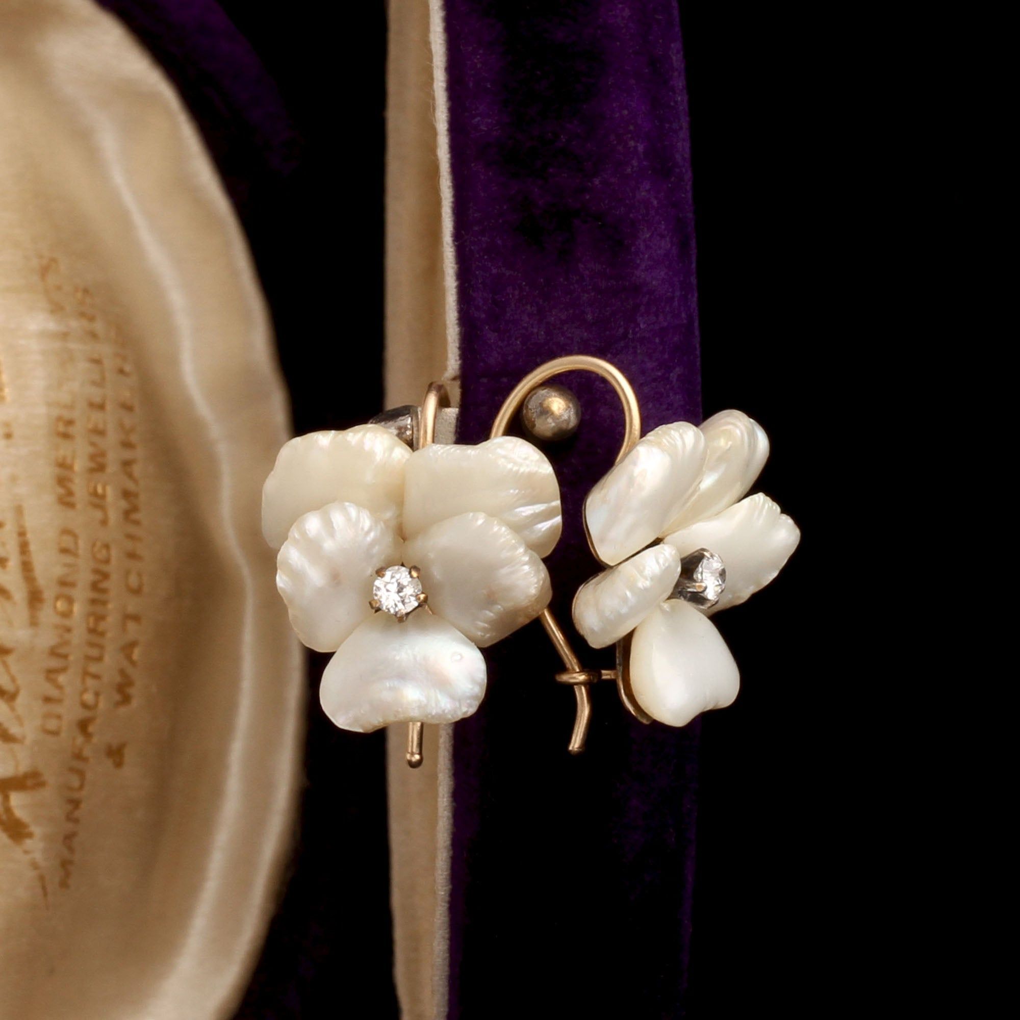 Early 20th Century Mississippi Mud Pearl Pansy Earrings