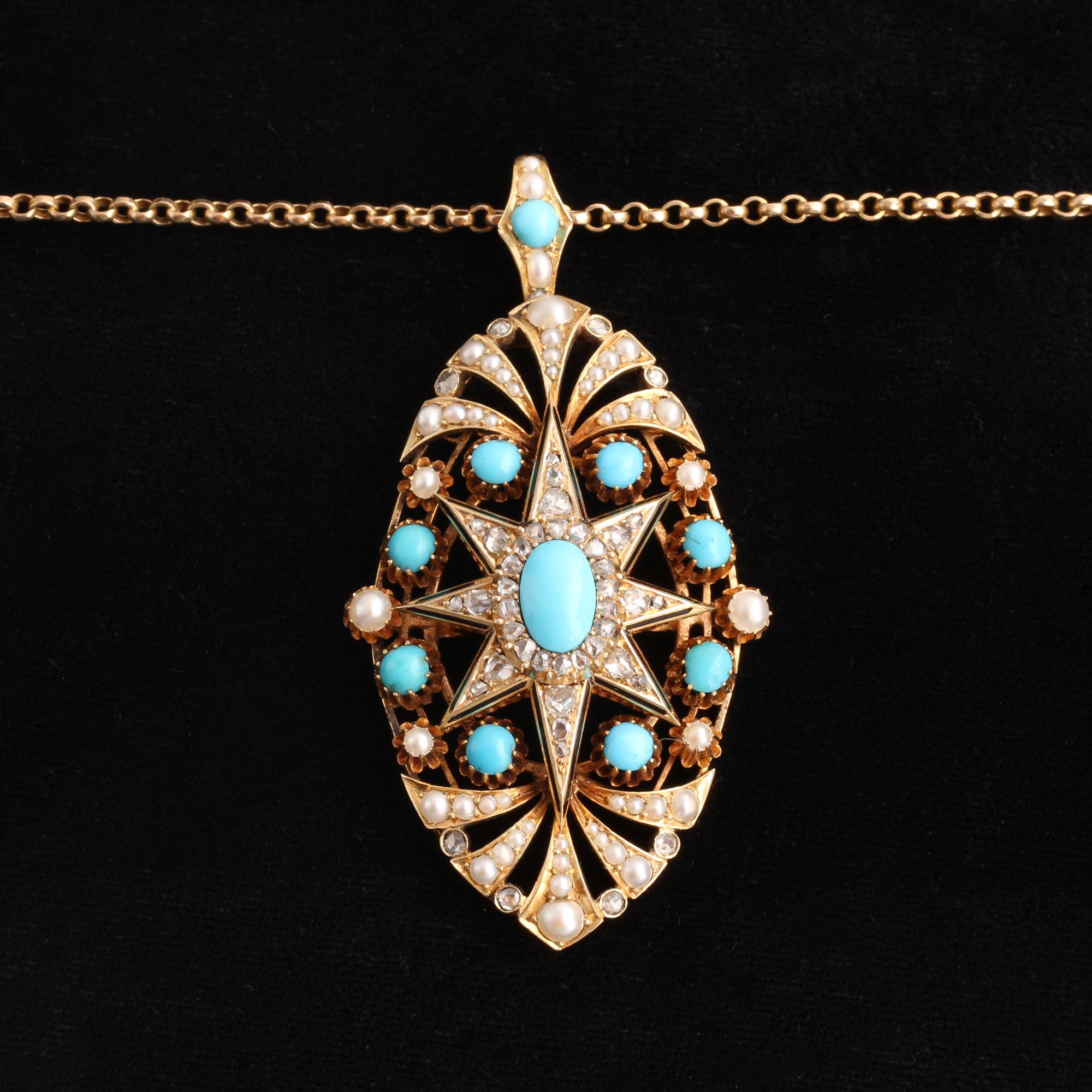 Victorian Enamel, Rose Cut Diamond, Pearl and Persian Turquoise Starburst Pendant