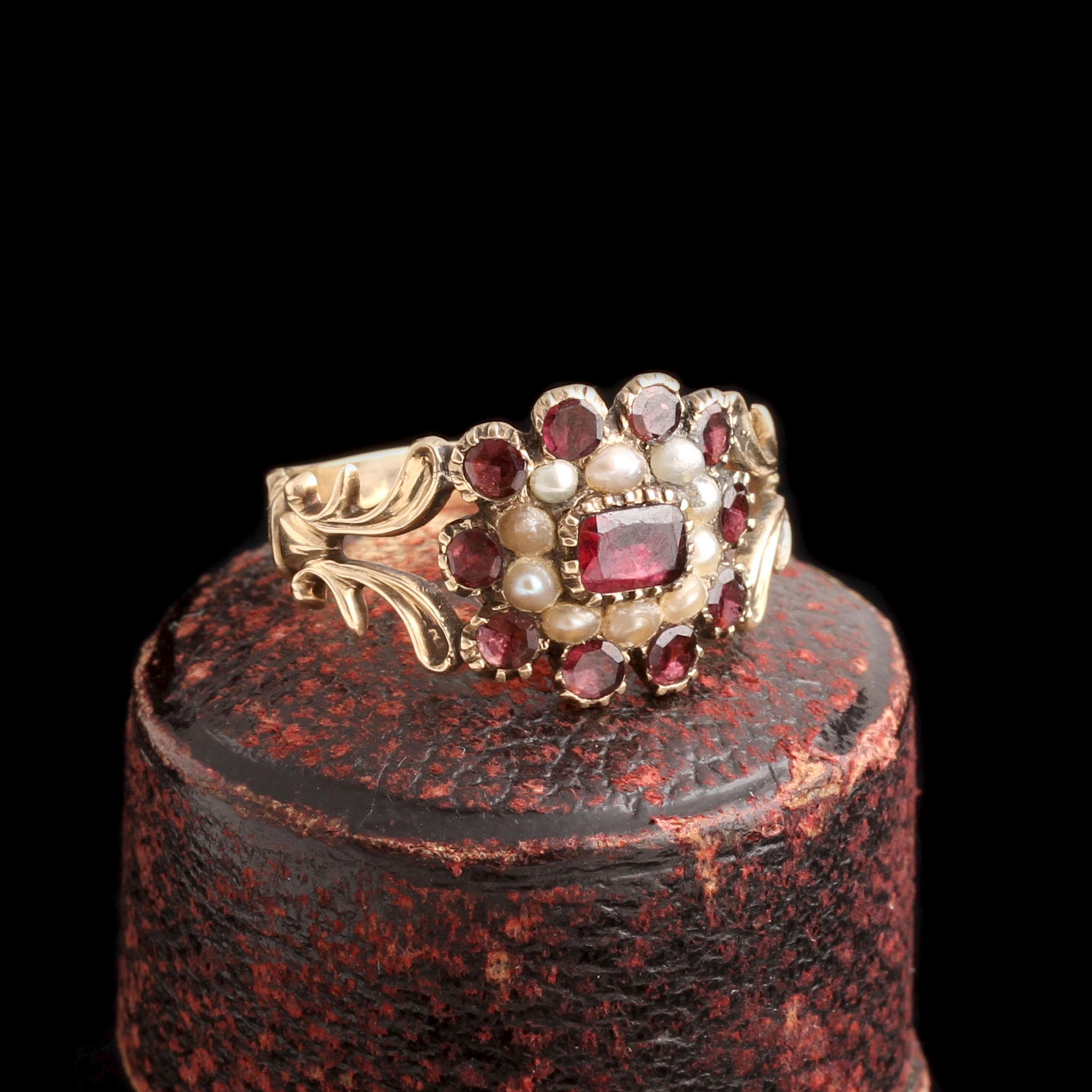 Georgian Garnet & Pearl Cluster Ring
