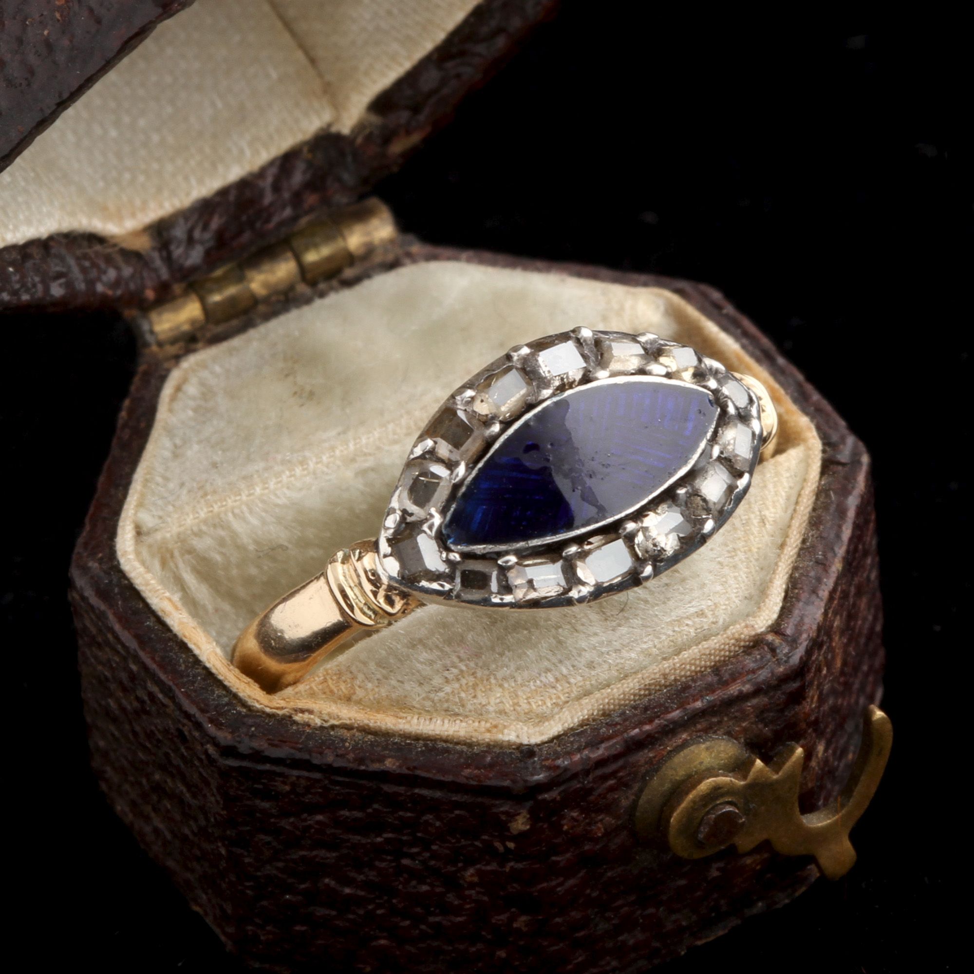 Georgian Table Cut Diamonds & Enamel Navette Ring