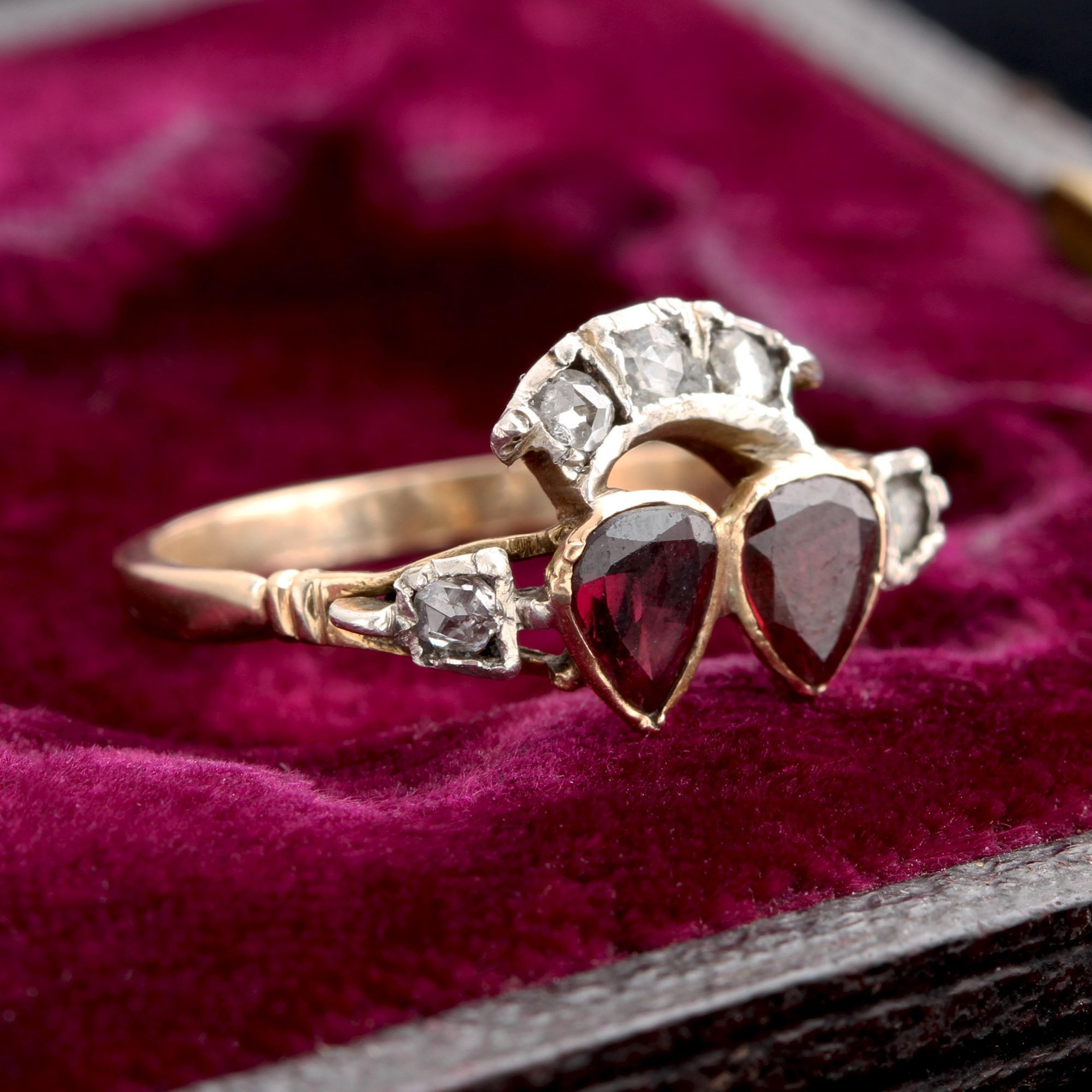 Side Detail of Georgian Garnet & Diamond Twin Hearts Ring