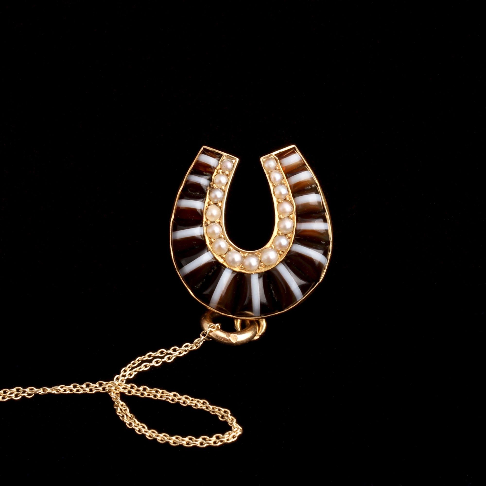 Victorian Banded Agate & Pearl Horseshoe Necklace