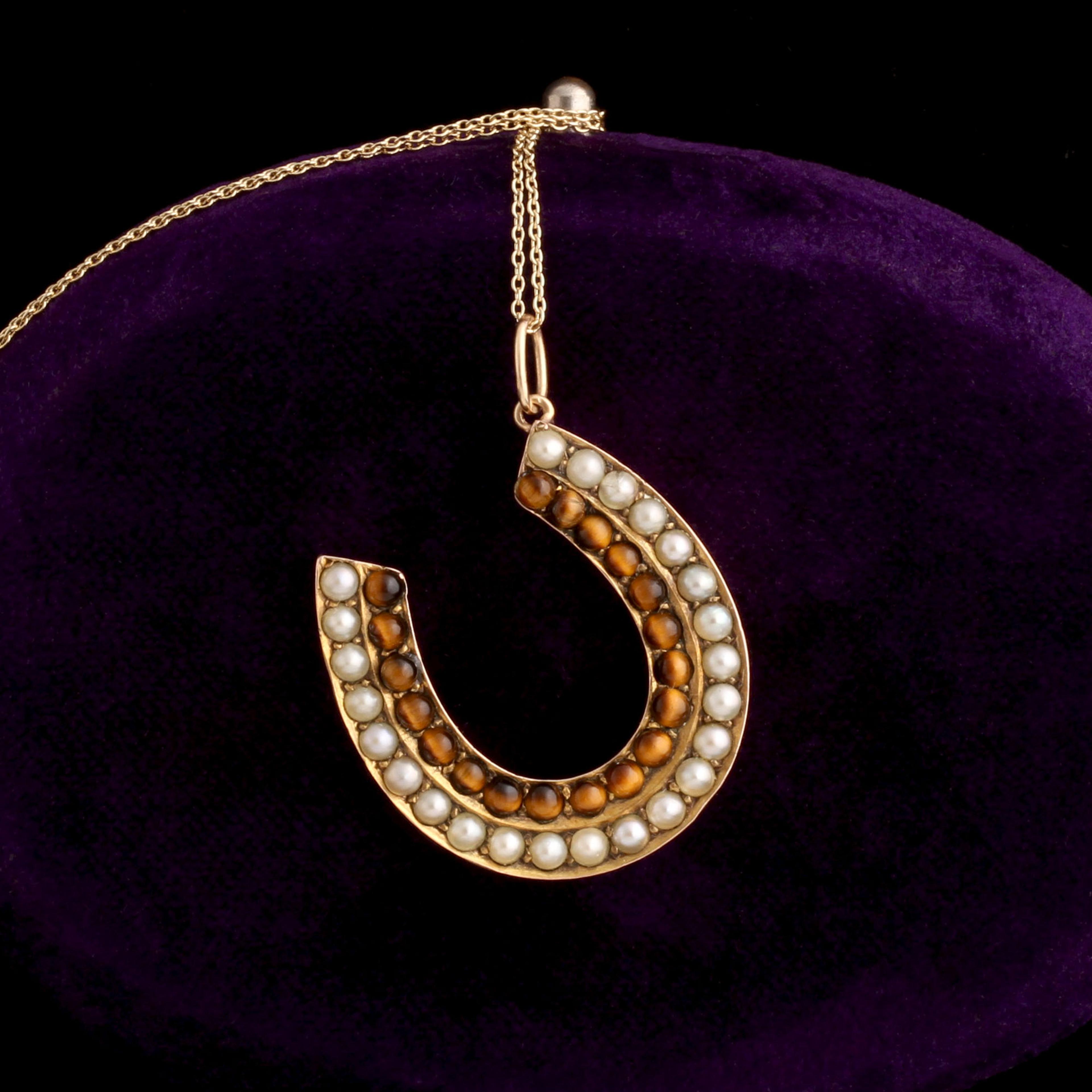 Victorian Tiger's Eye & Pearl Horseshoe Necklace